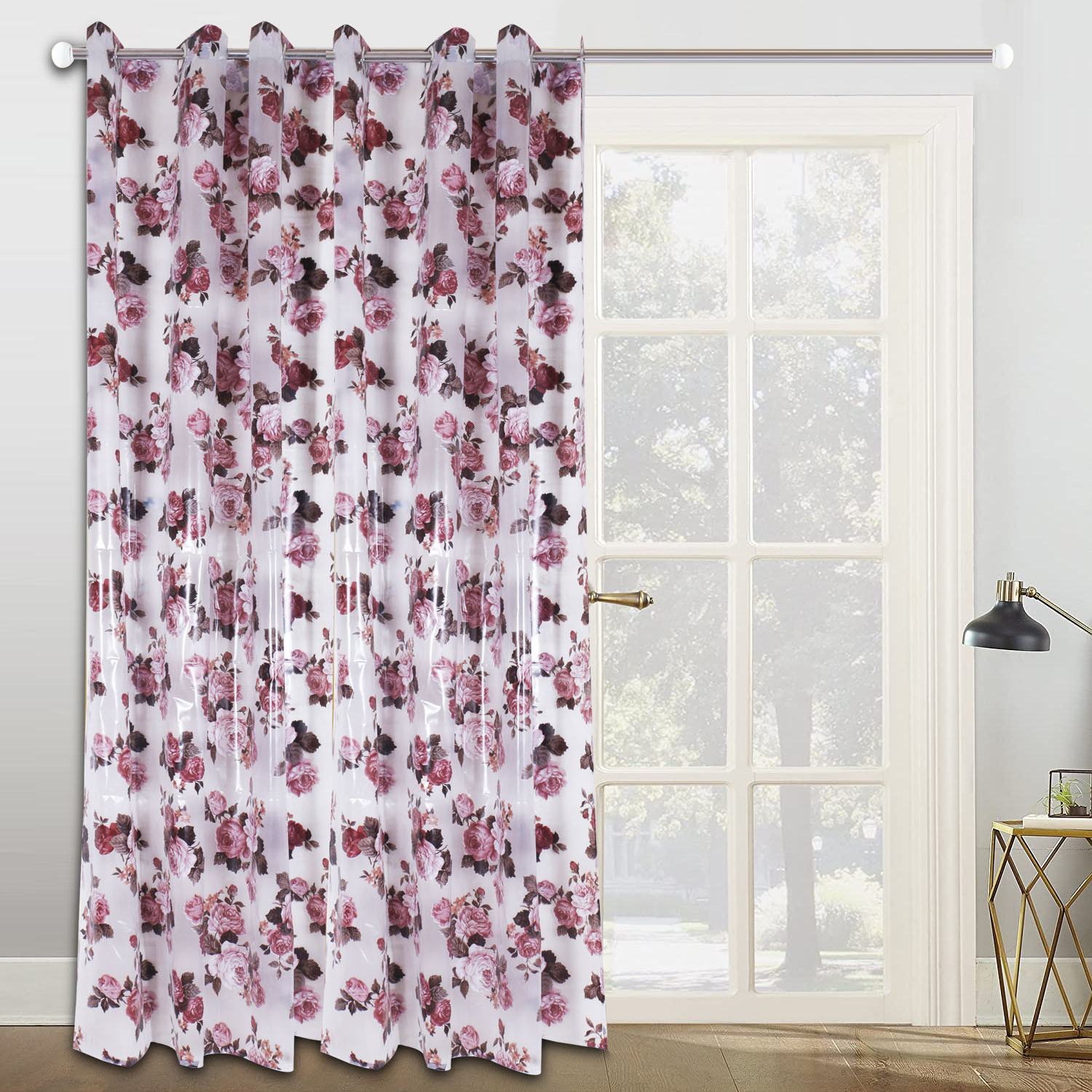 Kuber Industries PVC Rose Print Door Curtain|AC Curtain|Parda For Home Decor With 8 Steel Grommets,7 Feet (Brown)
