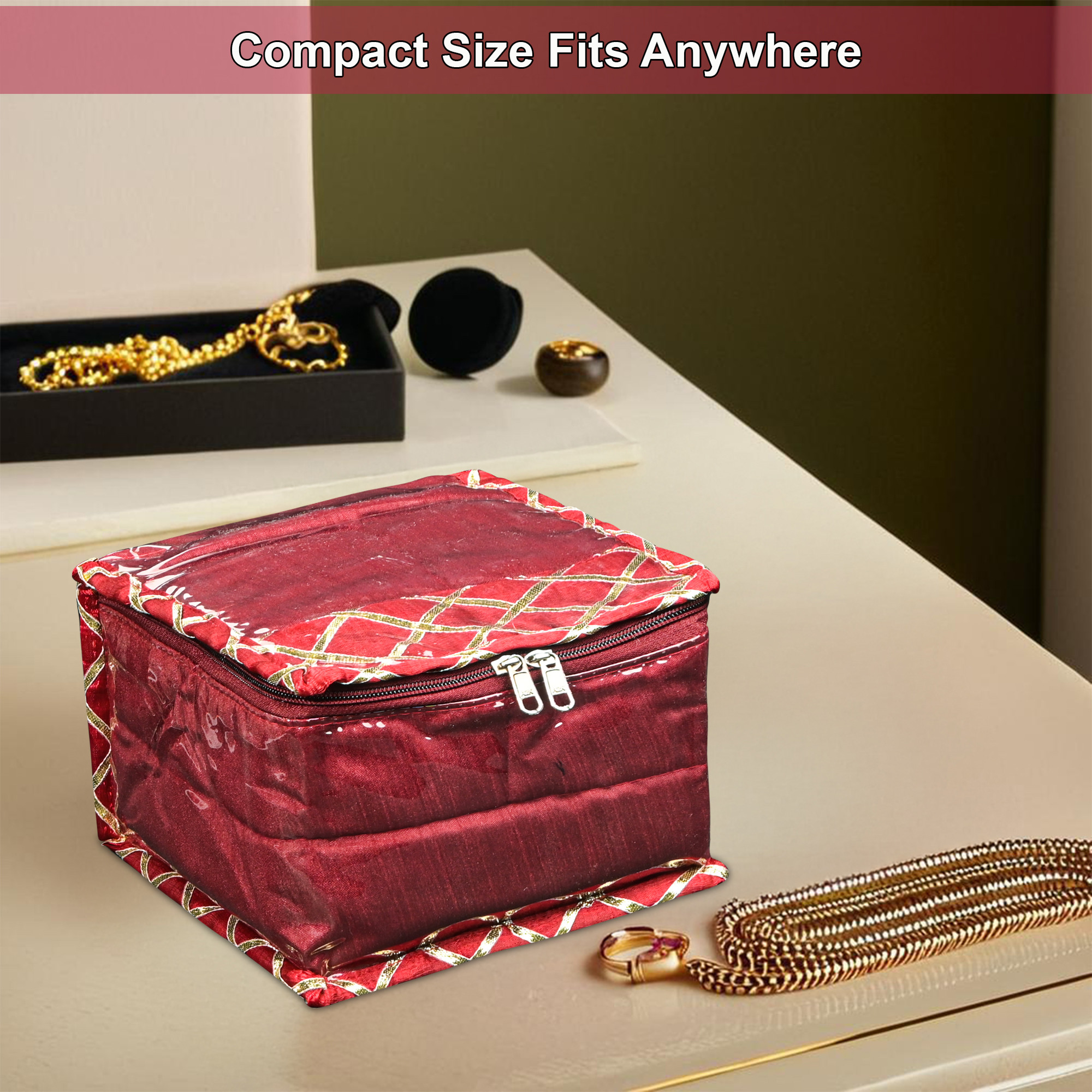Kuber Industries PVC Small Jewellery Organisers Pouch for Women with 10 Compartments  Lightweight Jewellery Kit for Necklace  Rings  Check Gota Print - Maroon