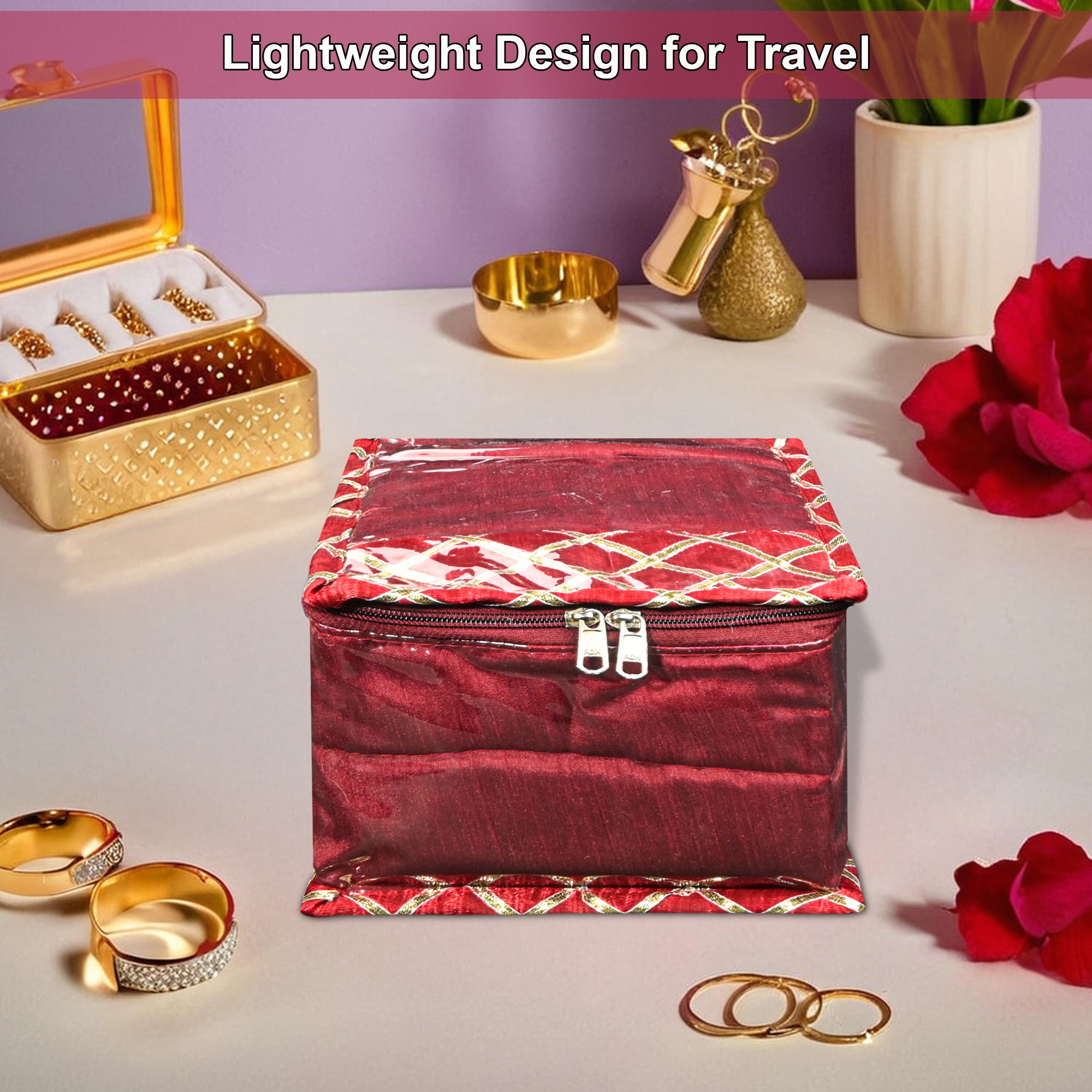 Kuber Industries PVC Small Jewellery Organisers Pouch for Women with 10 Compartments  Lightweight Jewellery Kit for Necklace  Rings  Check Gota Print - Maroon