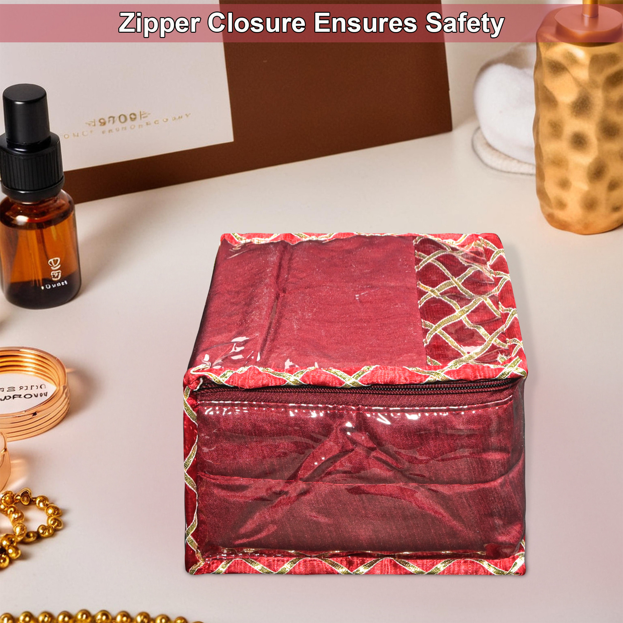 Kuber Industries PVC Small Jewellery Organisers Pouch for Women with 10 Compartments  Lightweight Jewellery Kit for Necklace  Rings  Check Gota Print - Maroon