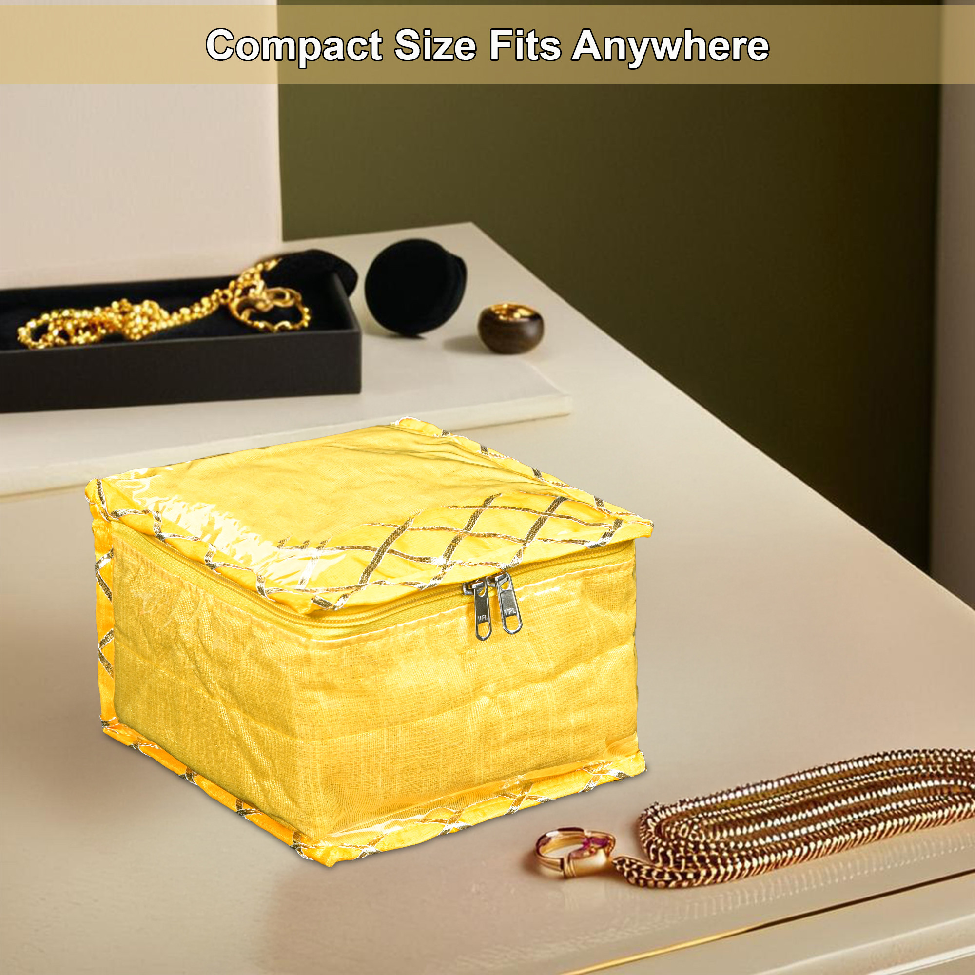 Kuber Industries PVC Small Jewellery Organisers Pouch for Women with 10 Compartments  Lightweight Jewellery Kit for Necklace  Rings  Check Gota Print - Yellow