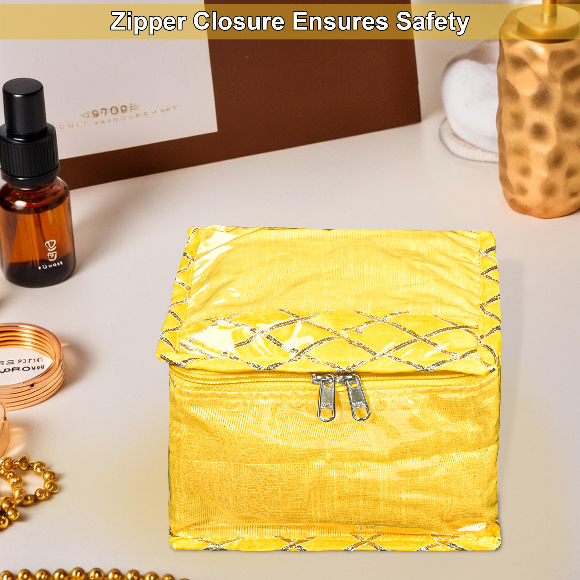 Kuber Industries PVC Small Jewellery Organisers Pouch for Women with 10 Compartments  Lightweight Jewellery Kit for Necklace  Rings  Check Gota Print - Yellow