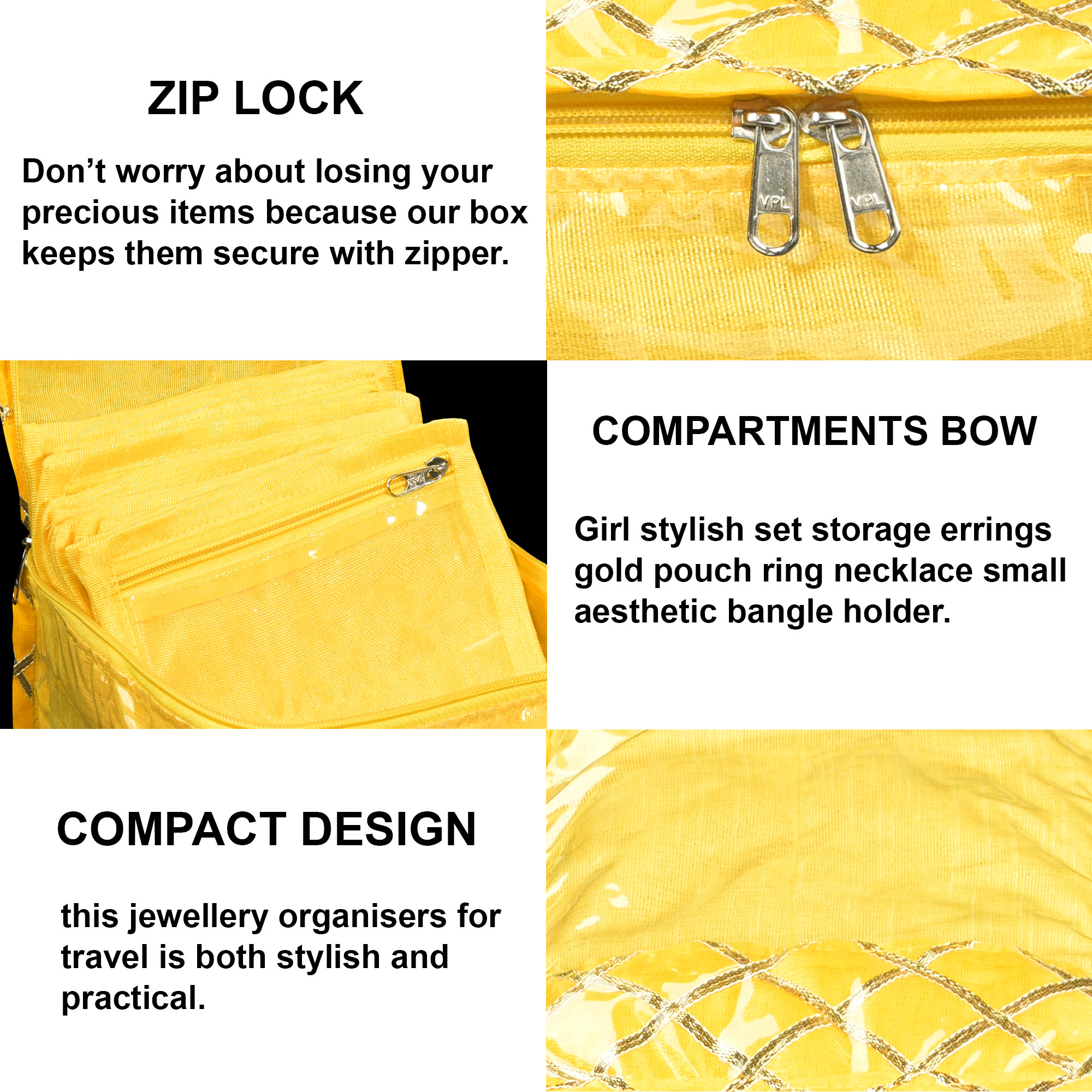 Kuber Industries PVC Small Jewellery Organisers Pouch for Women with 10 Compartments  Lightweight Jewellery Kit for Necklace  Rings  Check Gota Print - Yellow