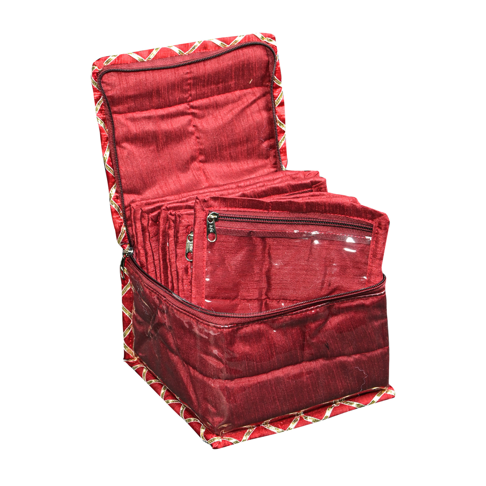 Kuber Industries PVC Small Jewellery Organisers Pouch for Women with 10 Compartments  Lightweight Jewellery Kit for Necklace  Rings  Check Gota Print - Maroon