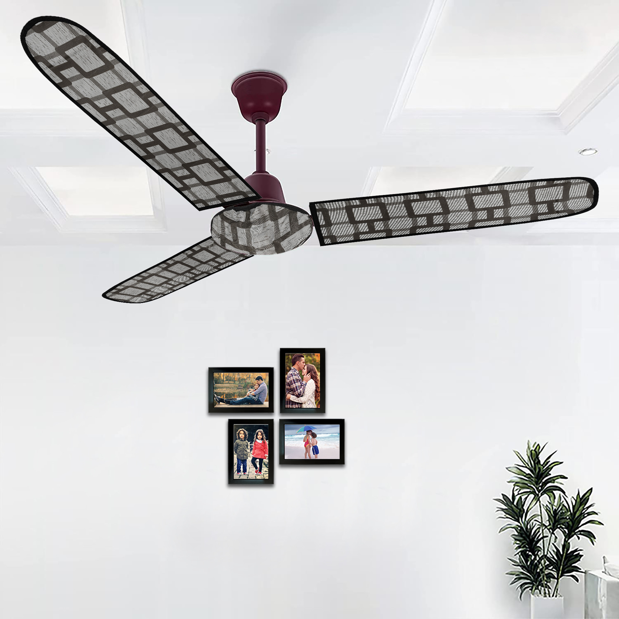 Kuber Industries PVC Square Print Dust Proof Three Blade Ceiling Fan Cover (Grey) 54KM4010