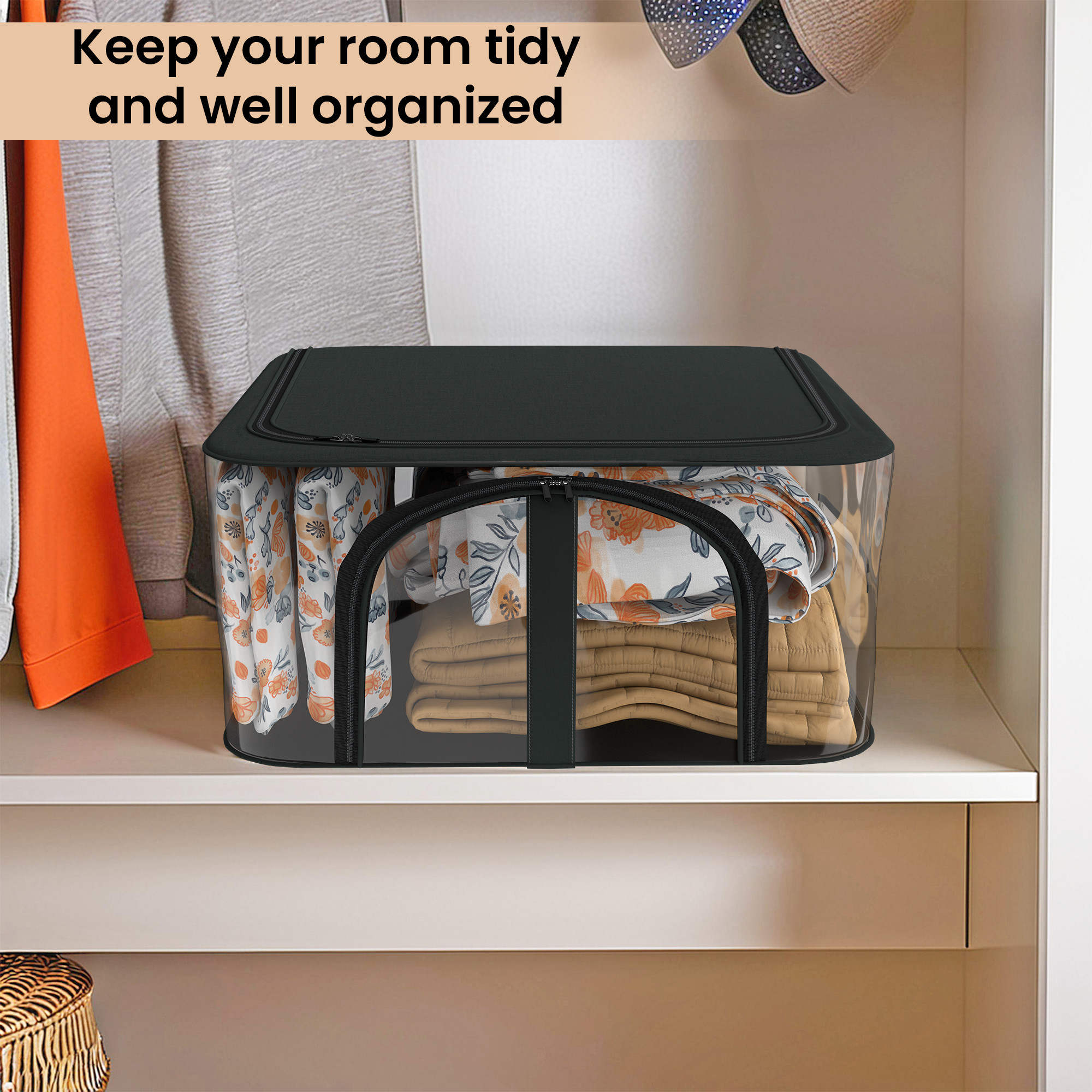 Kuber Industries Pvc Transparent Zip Lock Saree Organizer for Wardrobe with Handles  Dress Storage Bag for Lehenga Gown  Shawl  Bedsheet  Clothes Organiser for Storage  Dark Grey