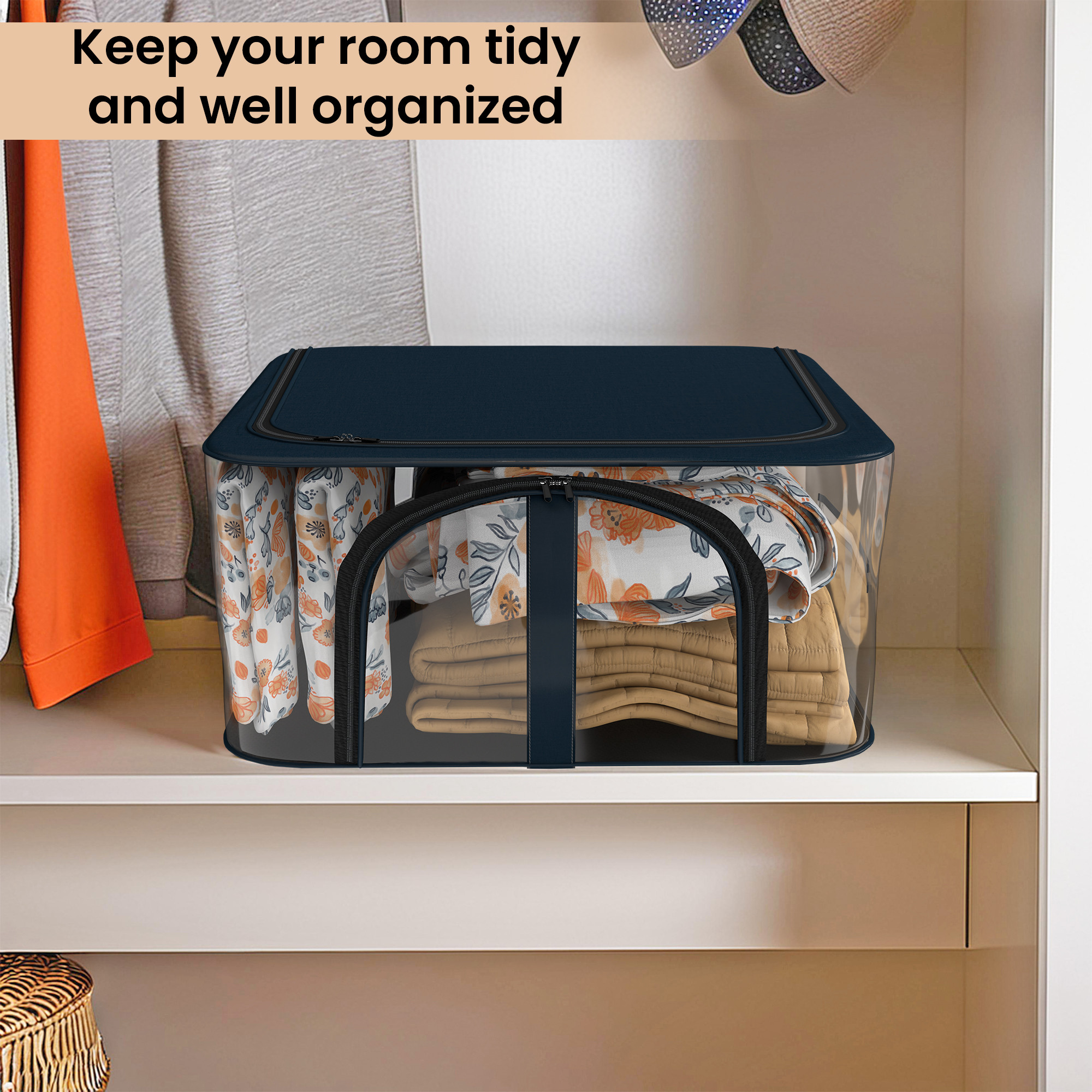 Kuber Industries Pvc Transparent Zip Lock Saree Organizer for Wardrobe with Handles  Dress Storage Bag for Lehenga Gown  Shawl  Bedsheet  Clothes Organiser for Storage  Navy Blue