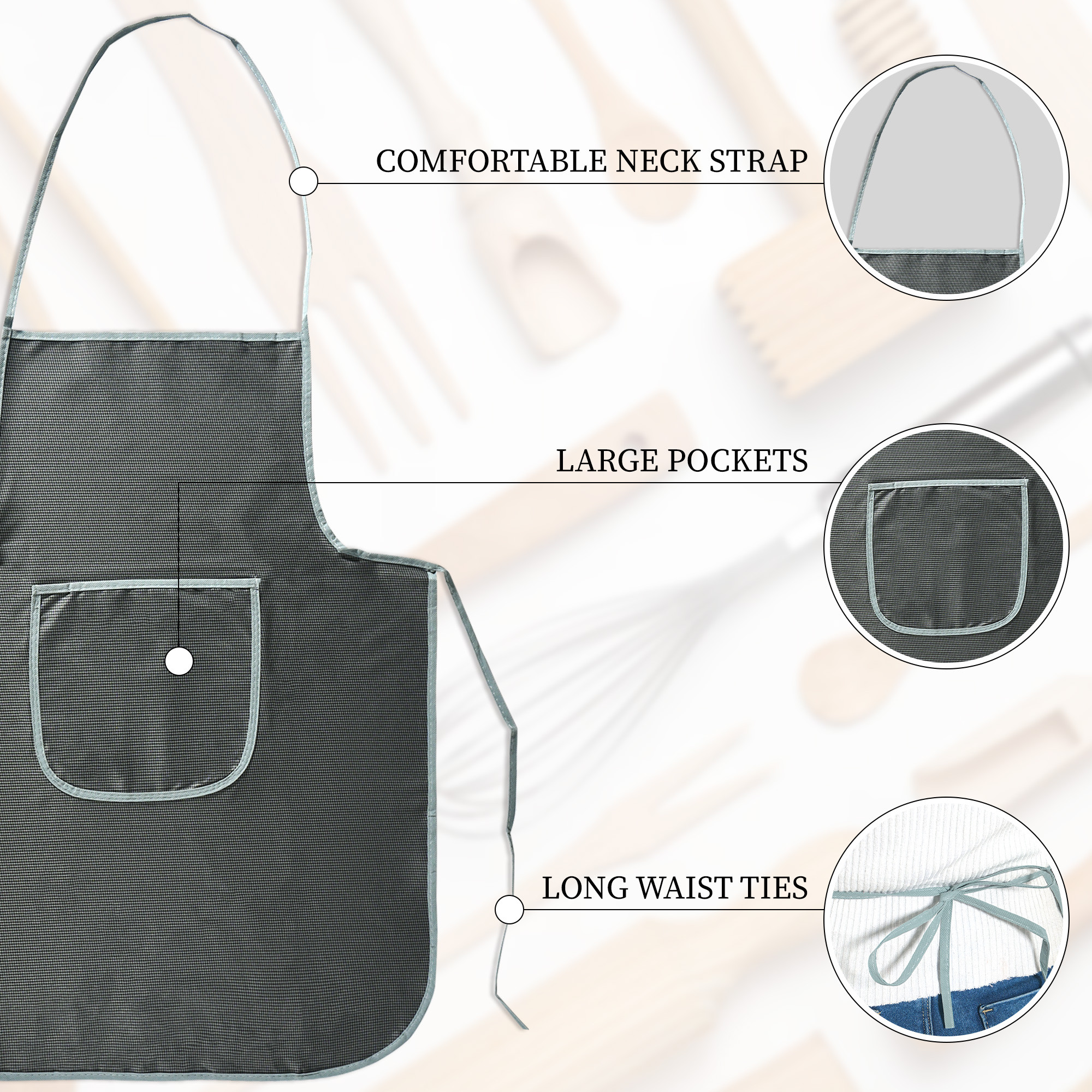 Kuber Industries PVC Waterproof Apron for Women  Men with Center Pocket  Machine Washable Kitchen Apron for Home Grill  Restaurant  Mini Check Print - Grey