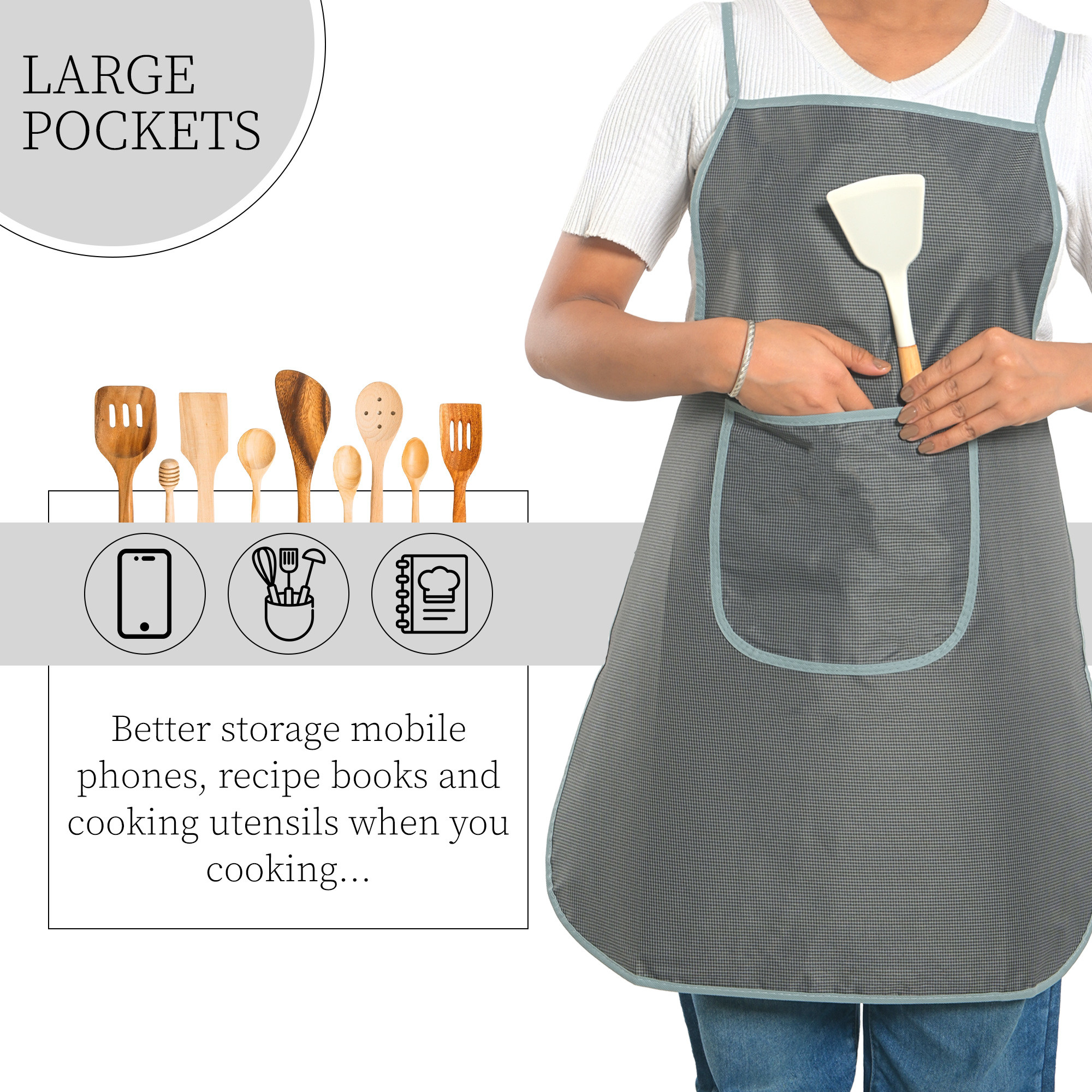 Kuber Industries PVC Waterproof Apron for Women  Men with Center Pocket  Machine Washable Kitchen Apron for Home Grill  Restaurant  Mini Check Print - Grey