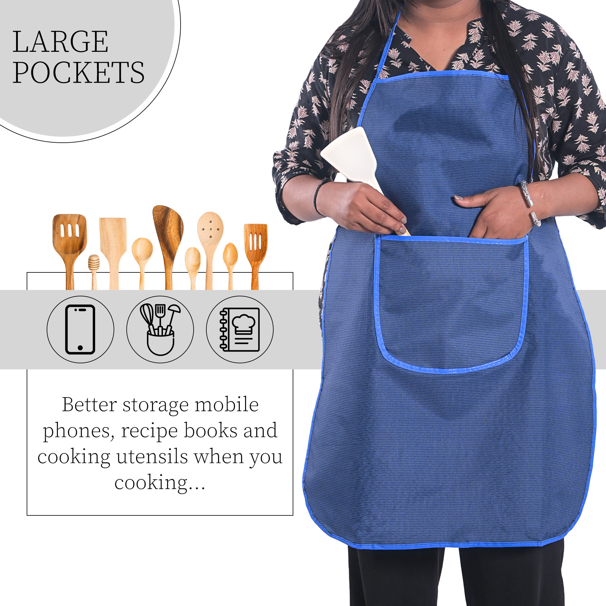 Kuber Industries PVC Waterproof Apron for Women  Men with Center Pocket  Machine Washable Kitchen Apron for Home Grill  Restaurant  Mini Check Print - Blue