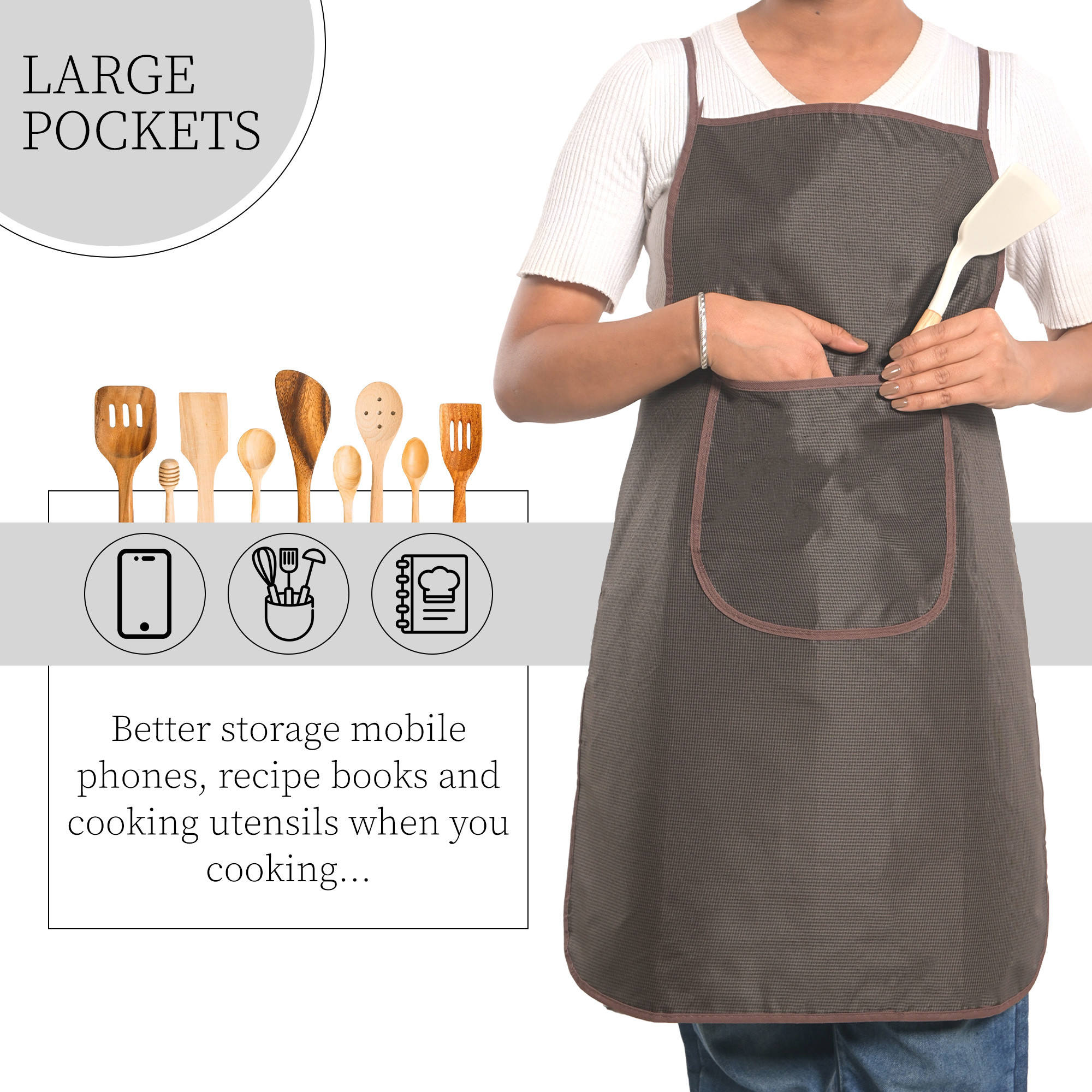 Kuber Industries PVC Waterproof Apron for Women  Men with Center Pocket  Machine Washable Kitchen Apron for Home Grill  Restaurant  Mini Check Print - Brown