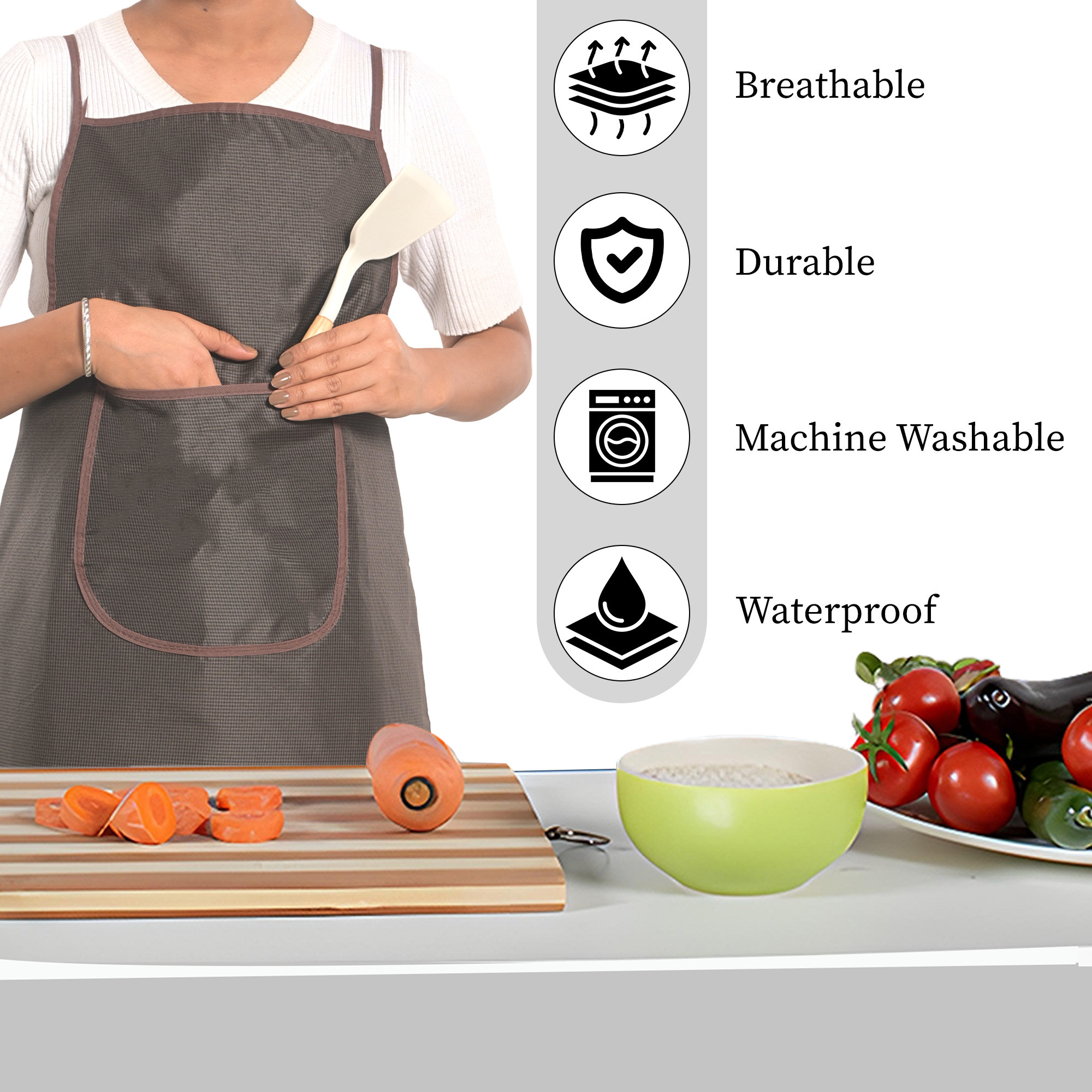 Kuber Industries PVC Waterproof Apron for Women  Men with Center Pocket  Machine Washable Kitchen Apron for Home Grill  Restaurant  Mini Check Print - Brown