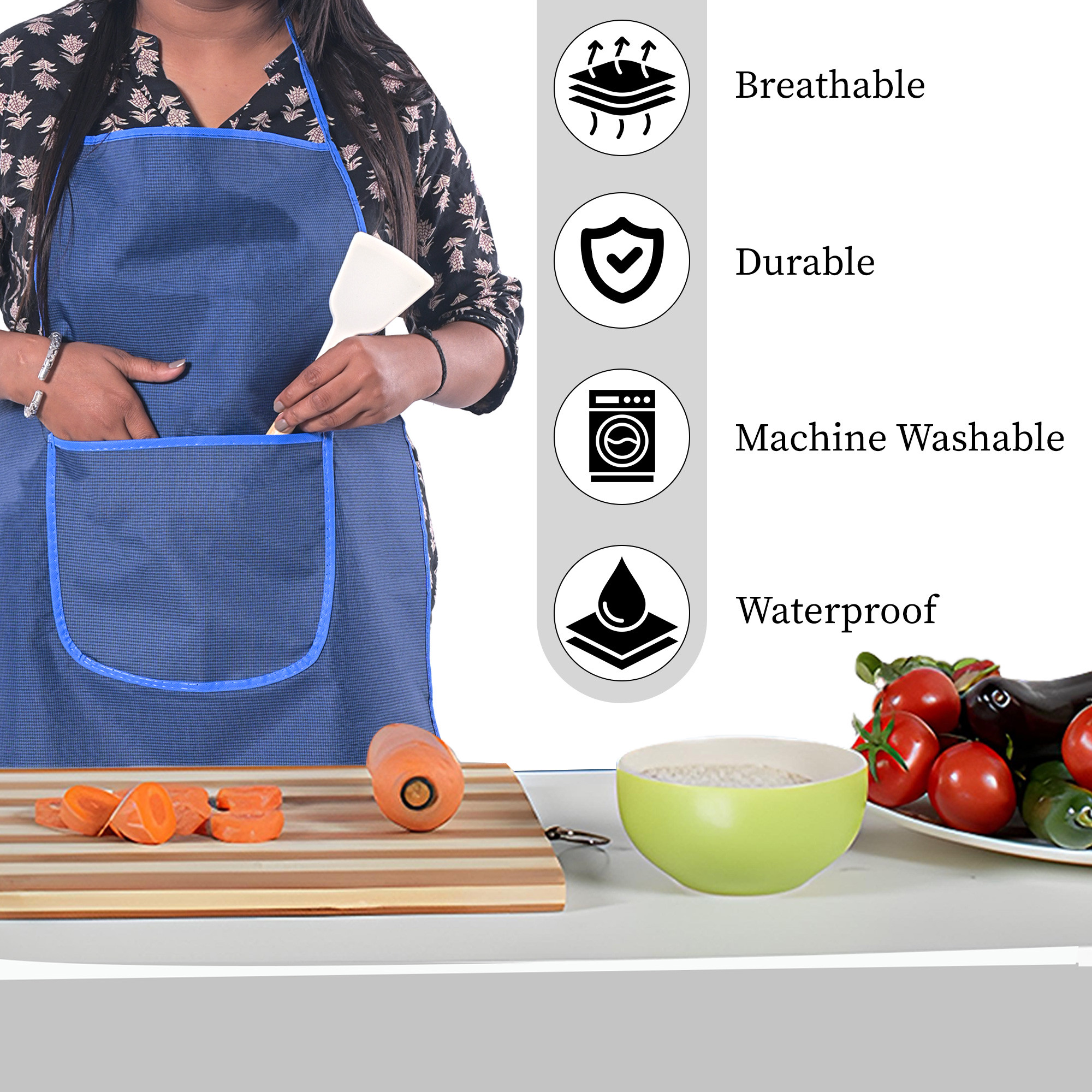 Kuber Industries PVC Waterproof Apron for Women  Men with Center Pocket  Machine Washable Kitchen Apron for Home Grill  Restaurant  Mini Check Print - Blue