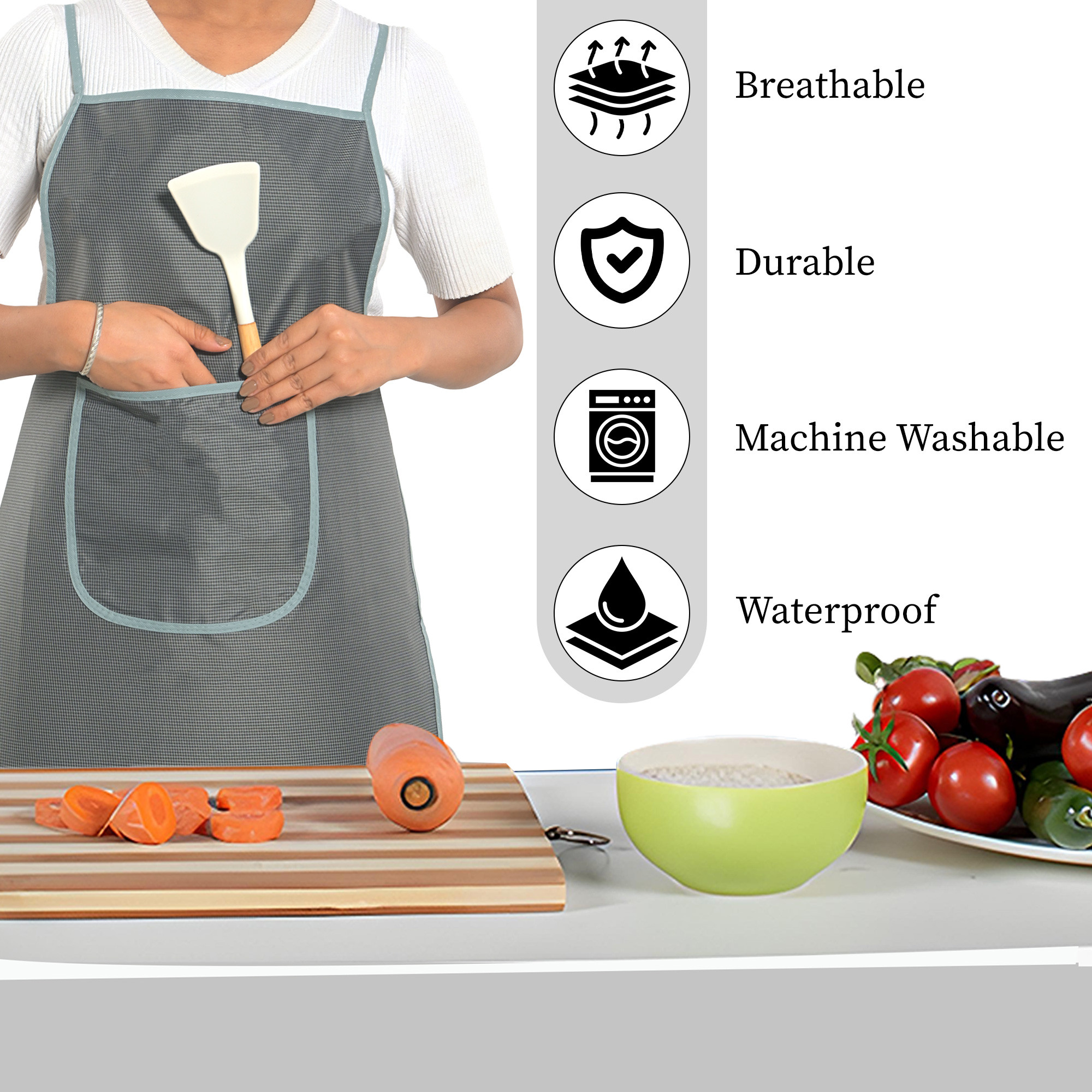 Kuber Industries PVC Waterproof Apron for Women  Men with Center Pocket  Machine Washable Kitchen Apron for Home Grill  Restaurant  Mini Check Print - Grey