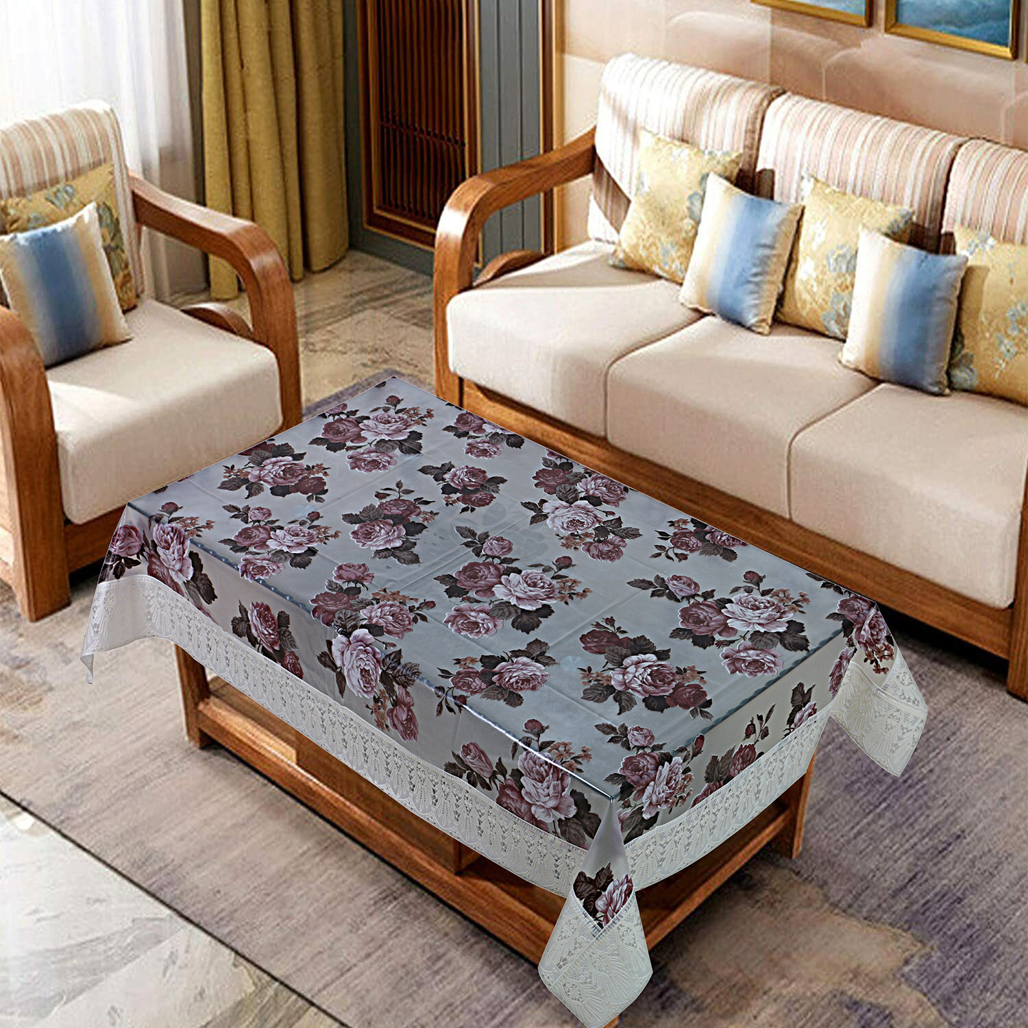 Kuber Industries PVC Waterproof Attractive Flower Design Center Table Cover|Table Cloth With Cream Lace Border, 40x60 inch (Cream)