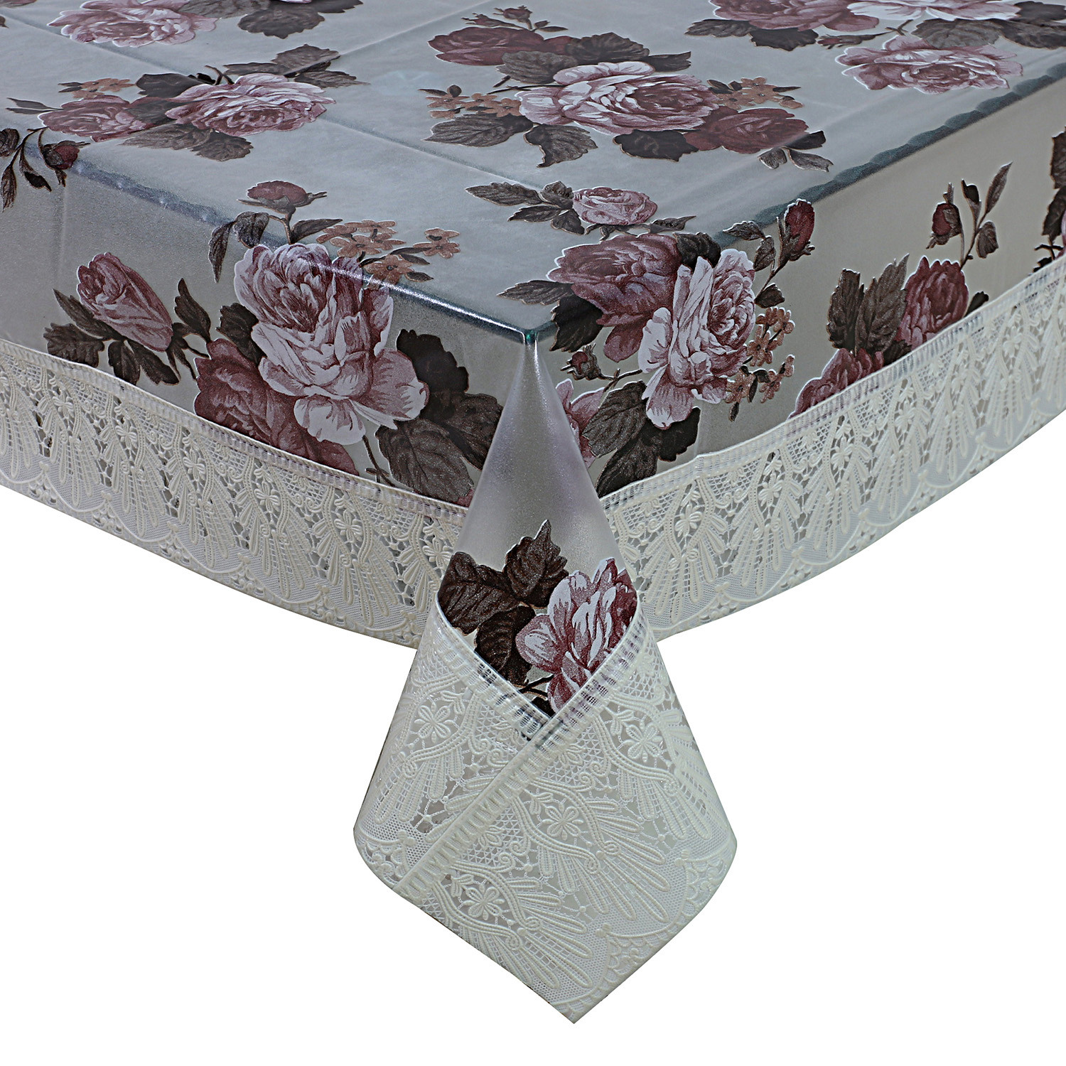 Kuber Industries PVC Waterproof Attractive Flower Design Center Table Cover|Table Cloth With Cream Lace Border, 40x60 inch (Cream)