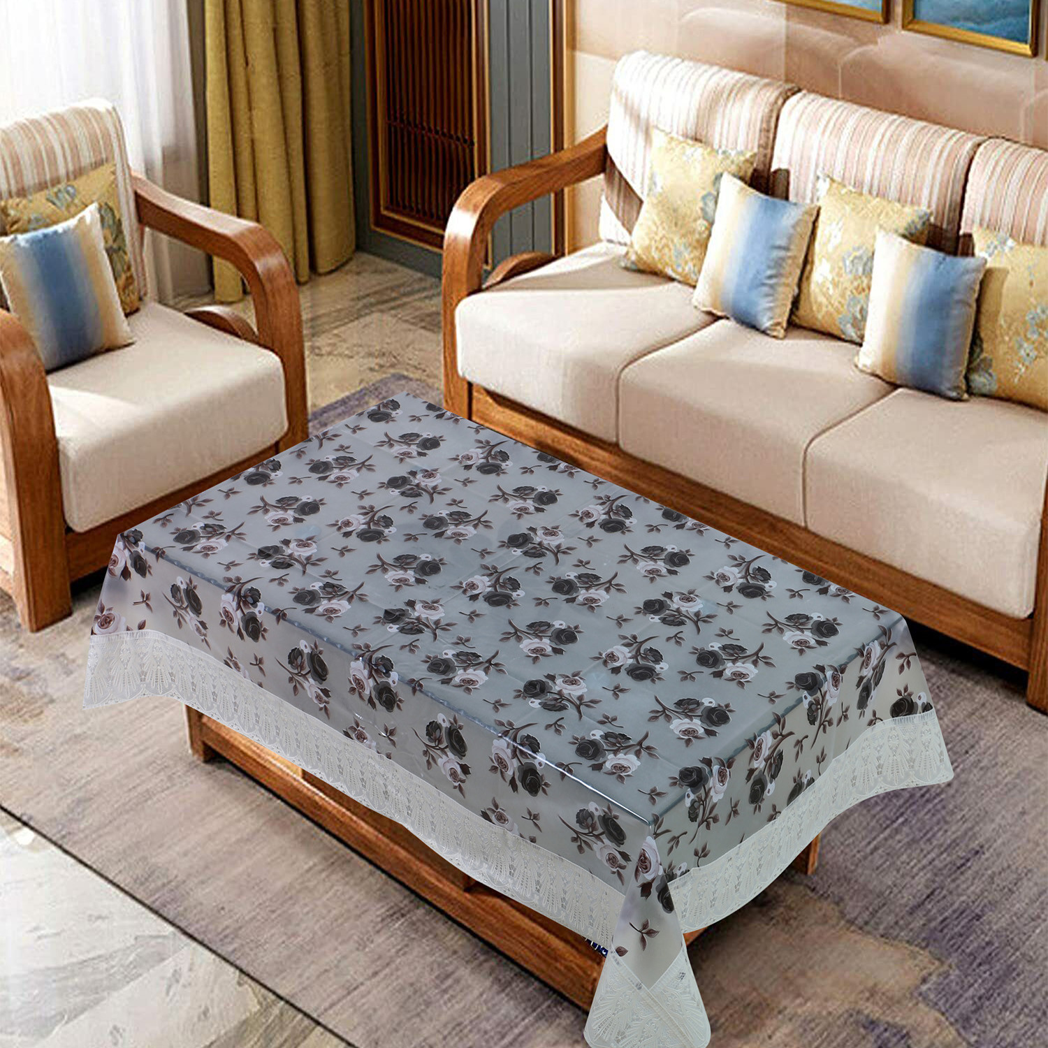 Kuber Industries PVC Waterproof Attractive Rose Design Center Table CoverTable Cloth With Cream Lace Border 40x60 inch Cream