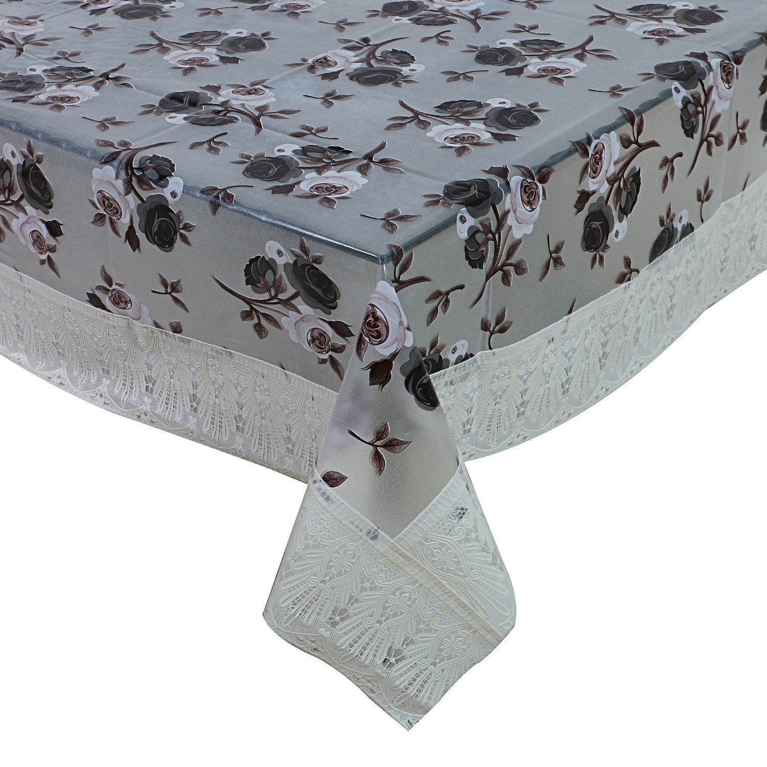 Kuber Industries PVC Waterproof Attractive Rose Design Center Table CoverTable Cloth With Cream Lace Border 40x60 inch Cream