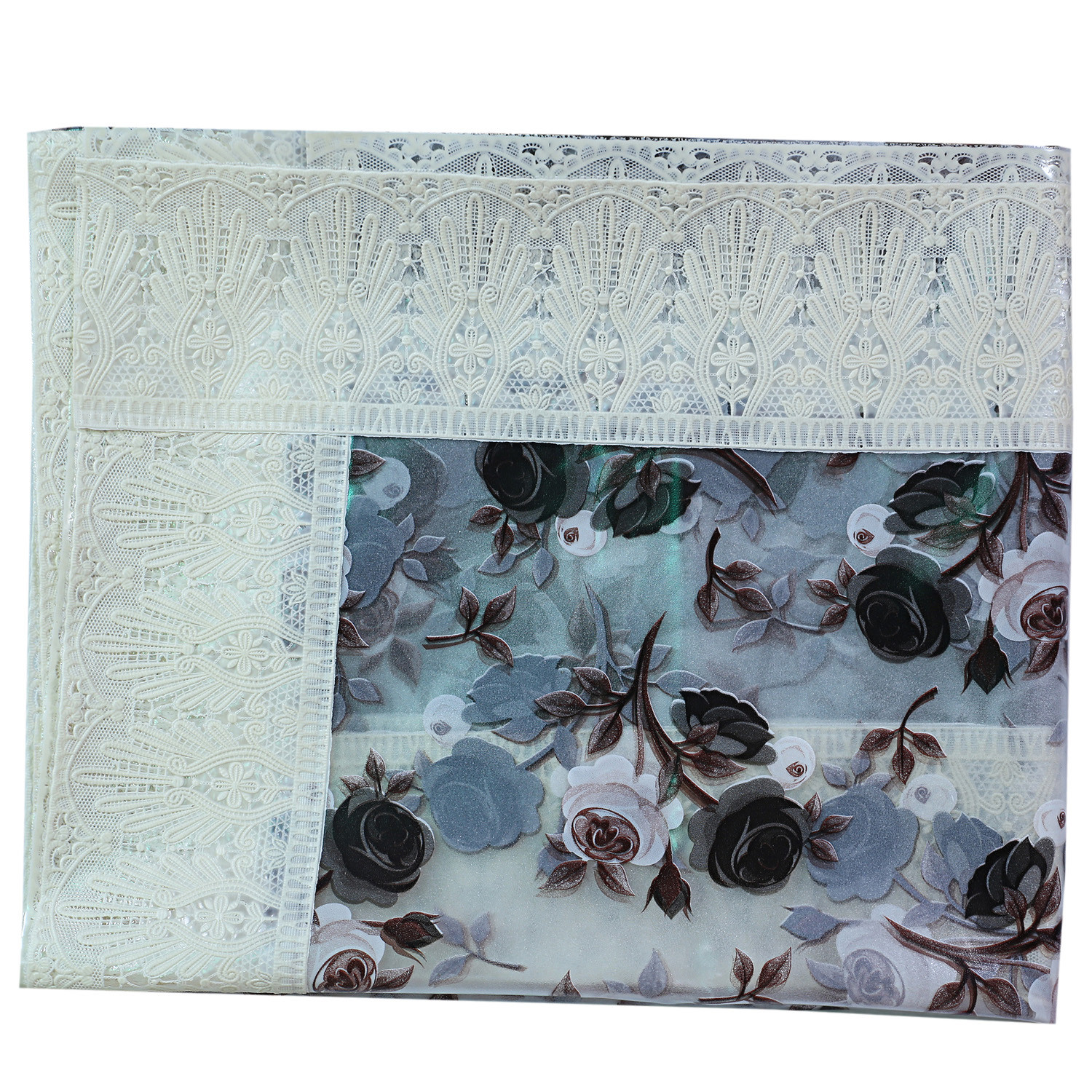Kuber Industries PVC Waterproof Attractive Rose Design Center Table CoverTable Cloth With Cream Lace Border 40x60 inch Cream