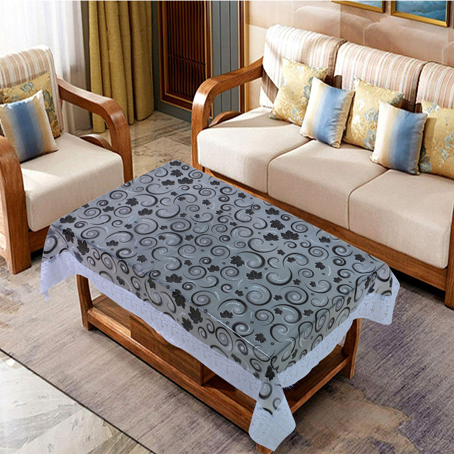 Kuber Industries PVC Waterproof Attractive Spiral Design Center Table Cover|Table Cloth With White Lace Border, 40x60 inch (White)