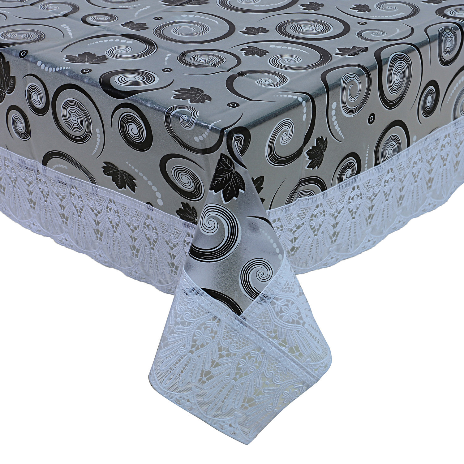 Kuber Industries PVC Waterproof Attractive Spiral Design Center Table Cover|Table Cloth With White Lace Border, 40x60 inch (White)