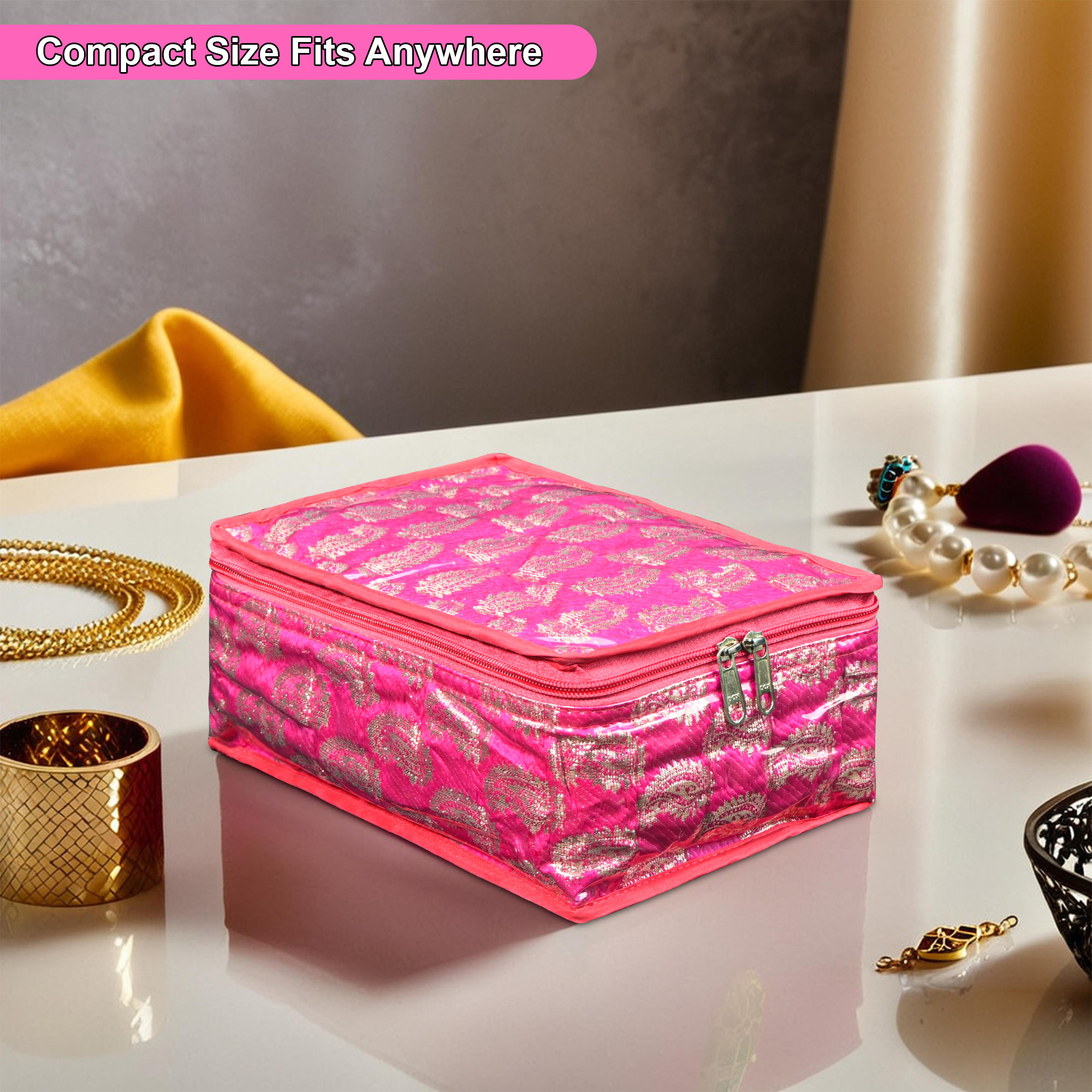 Kuber Industries PVC Waterproof Jewellery Pouches for Storage Necklace  Bangles with 12 Transparent Pouches  Jewellery Kit  Bag  Organiser for Women  Carry Print - Pink