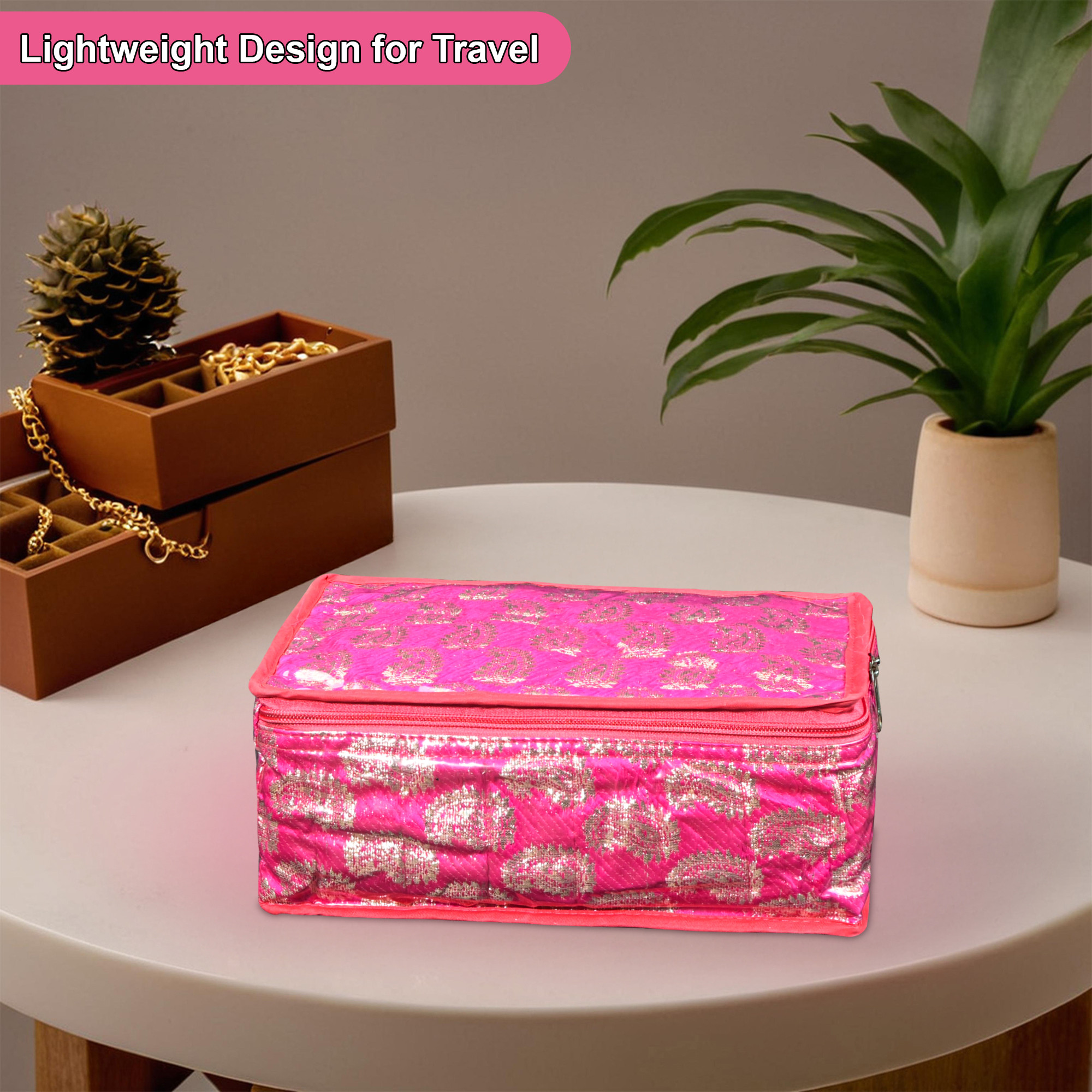 Kuber Industries PVC Waterproof Jewellery Pouches for Storage Necklace  Bangles with 12 Transparent Pouches  Jewellery Kit  Bag  Organiser for Women  Carry Print - Pink