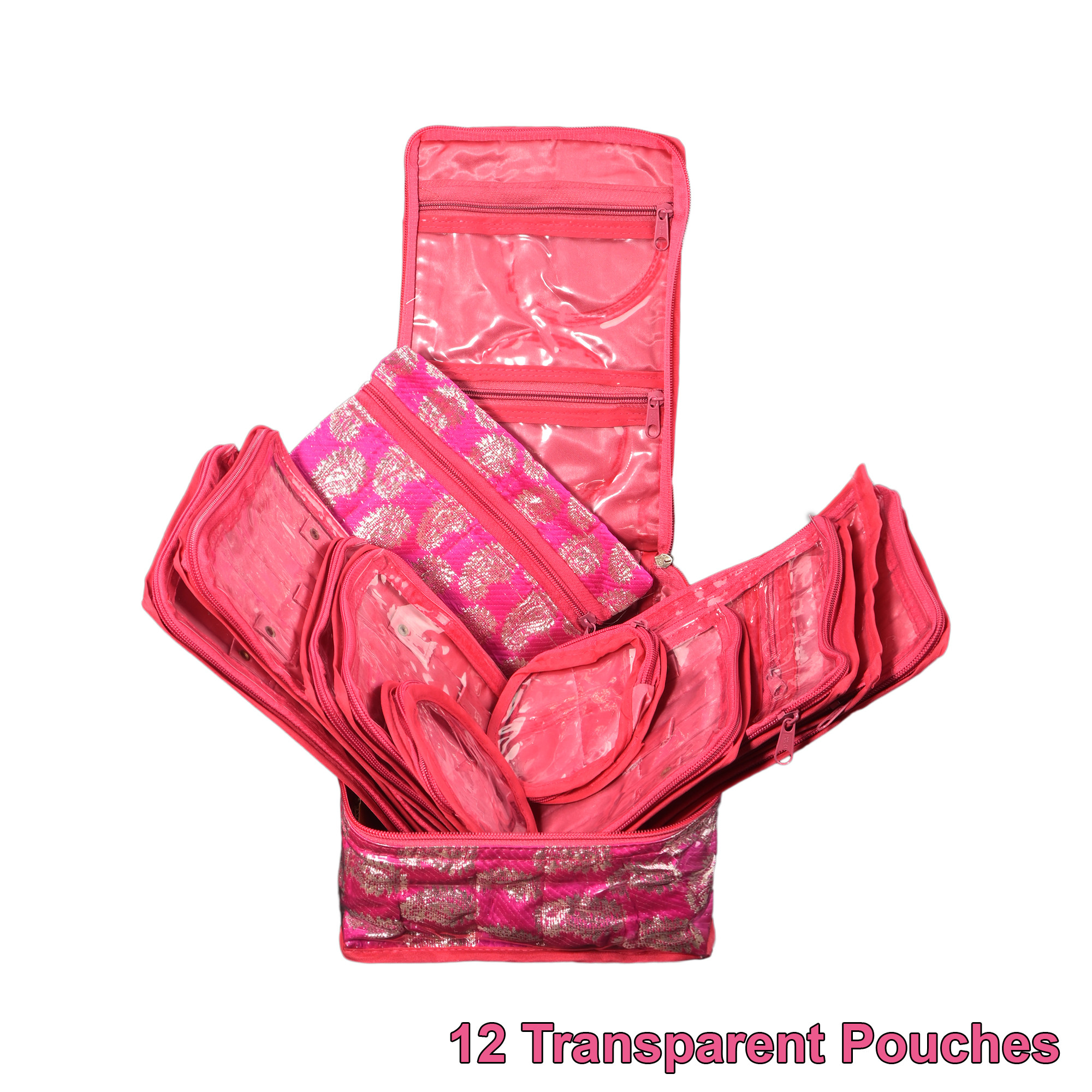 Kuber Industries PVC Waterproof Jewellery Pouches for Storage Necklace  Bangles with 12 Transparent Pouches  Jewellery Kit  Bag  Organiser for Women  Carry Print - Pink