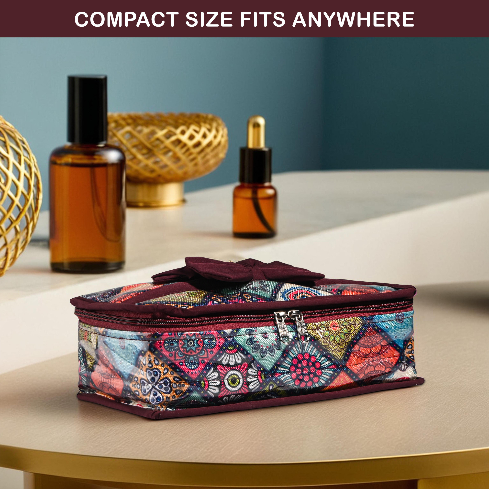 Kuber Industries PVC Waterproof Jewellery Pouches for Storage Necklace  Bangles with 6 Pouches  Jewellery Kit  Bag  Organiser for Women  Rangoli Bow Design - Wine