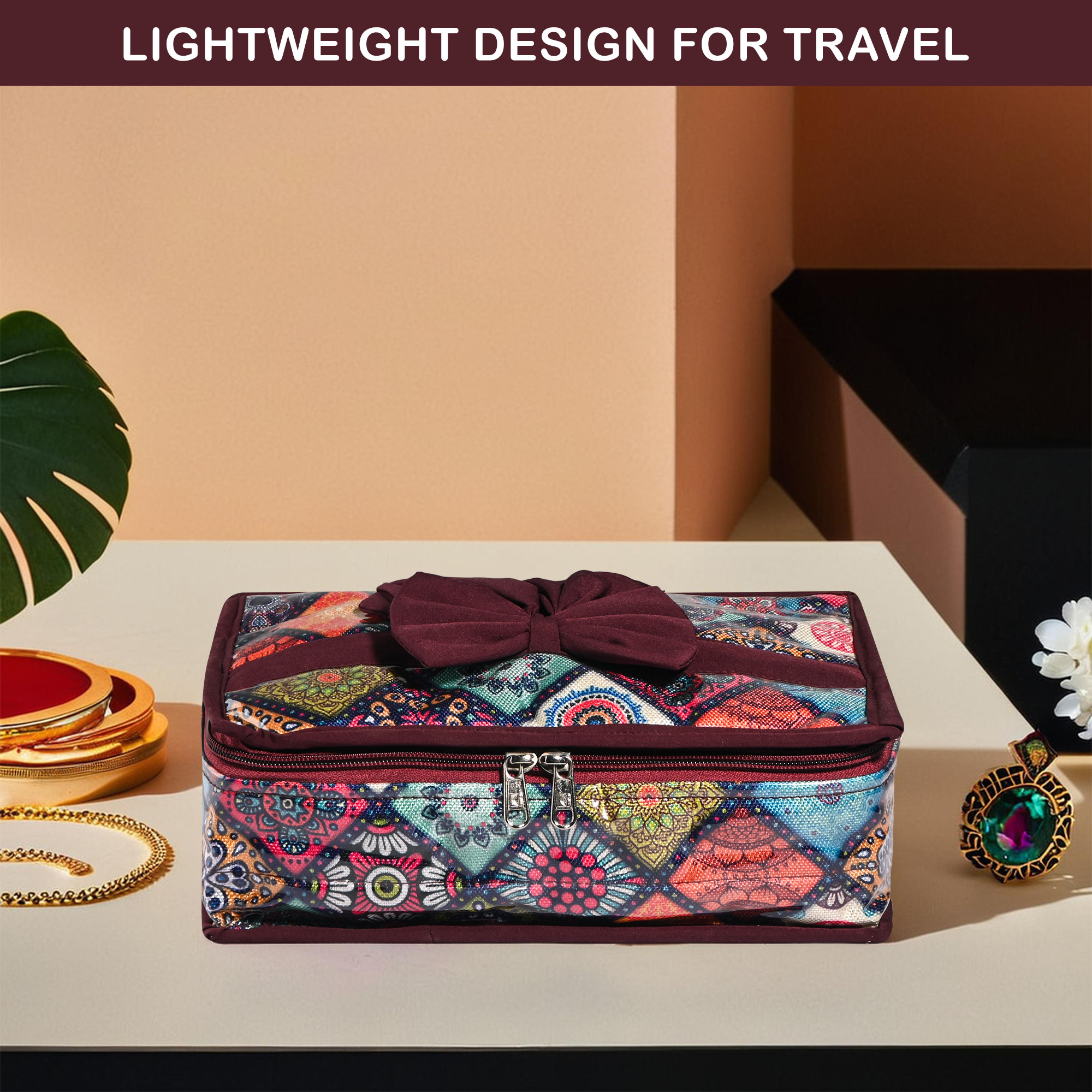 Kuber Industries PVC Waterproof Jewellery Pouches for Storage Necklace  Bangles with 6 Pouches  Jewellery Kit  Bag  Organiser for Women  Rangoli Bow Design - Wine