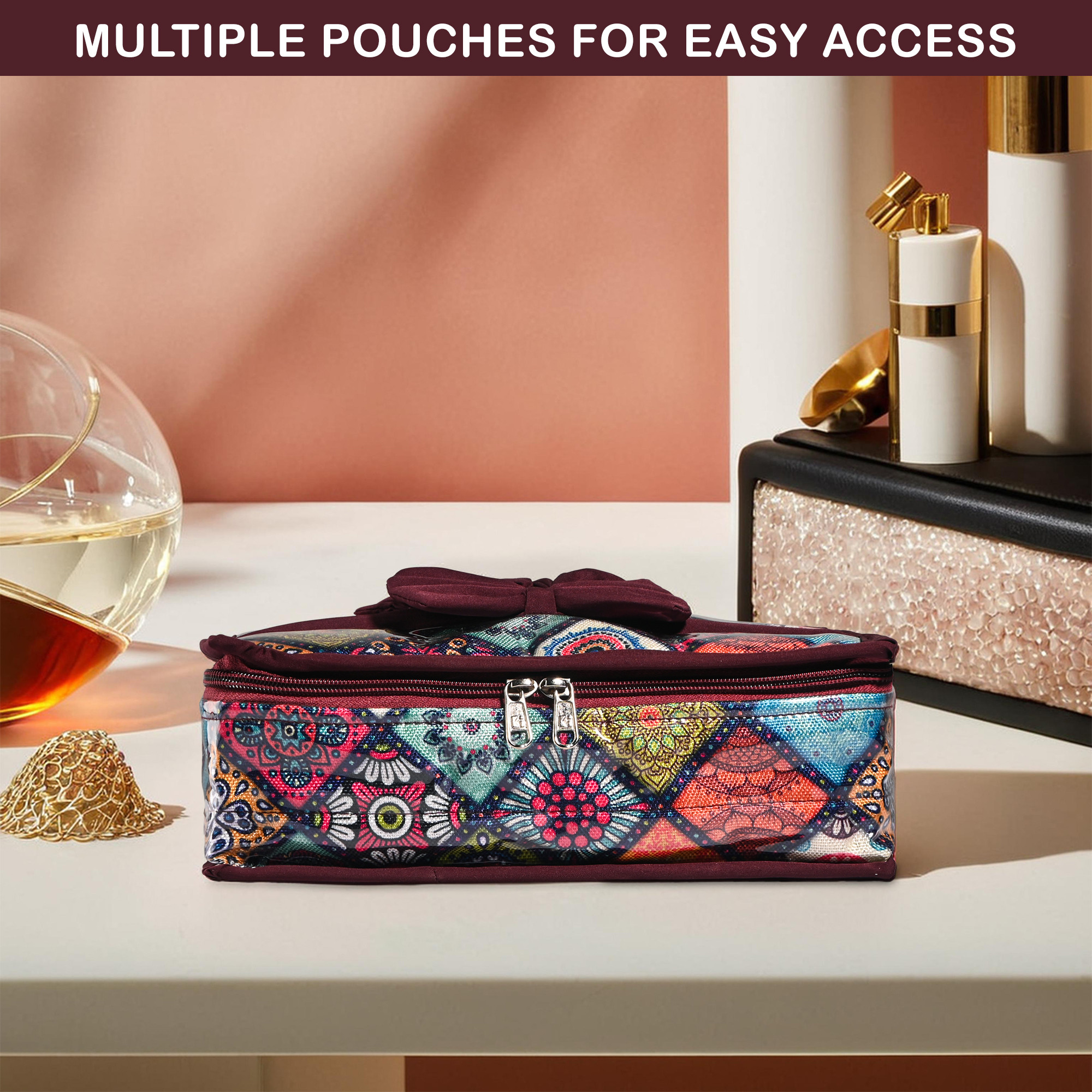 Kuber Industries PVC Waterproof Jewellery Pouches for Storage Necklace  Bangles with 6 Pouches  Jewellery Kit  Bag  Organiser for Women  Rangoli Bow Design - Wine