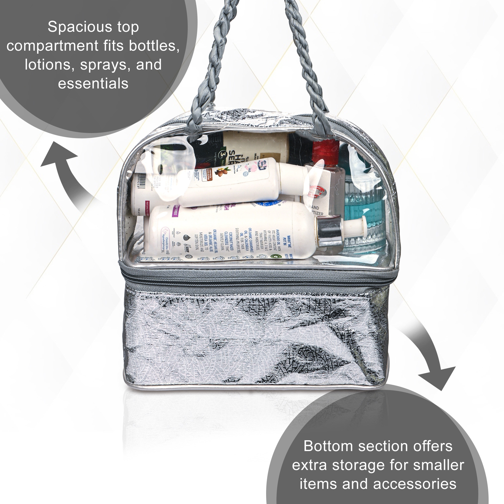 Kuber Industries PVC Waterproof Makeup Kit Organizer for Women with Handle  Multipurpose Cosmetic  Toiletry Kit - Ideal for Travel Bathroom and Daily Use  Choti Design - Silver