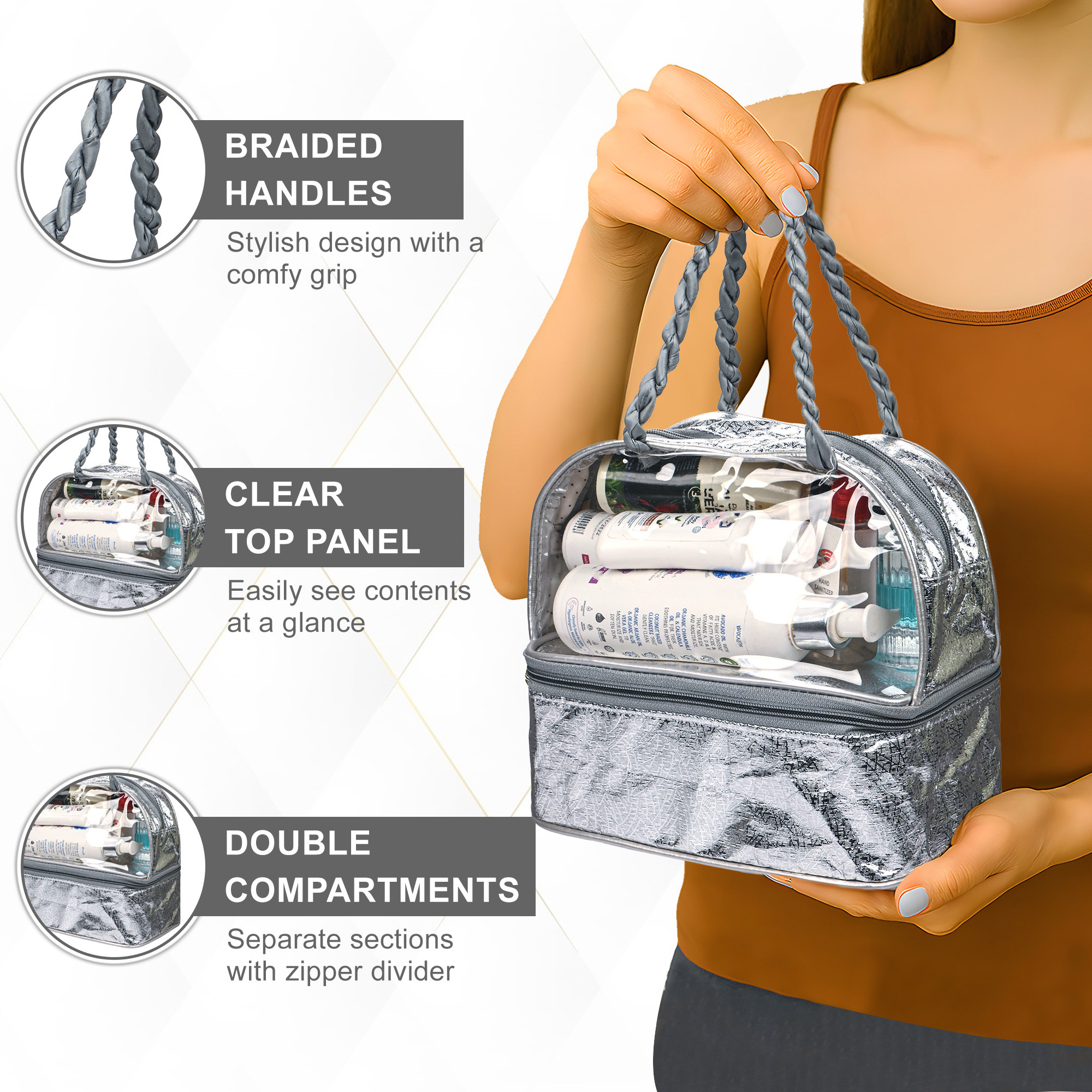 Kuber Industries PVC Waterproof Makeup Kit Organizer for Women with Handle  Multipurpose Cosmetic  Toiletry Kit - Ideal for Travel Bathroom and Daily Use  Choti Design - Silver