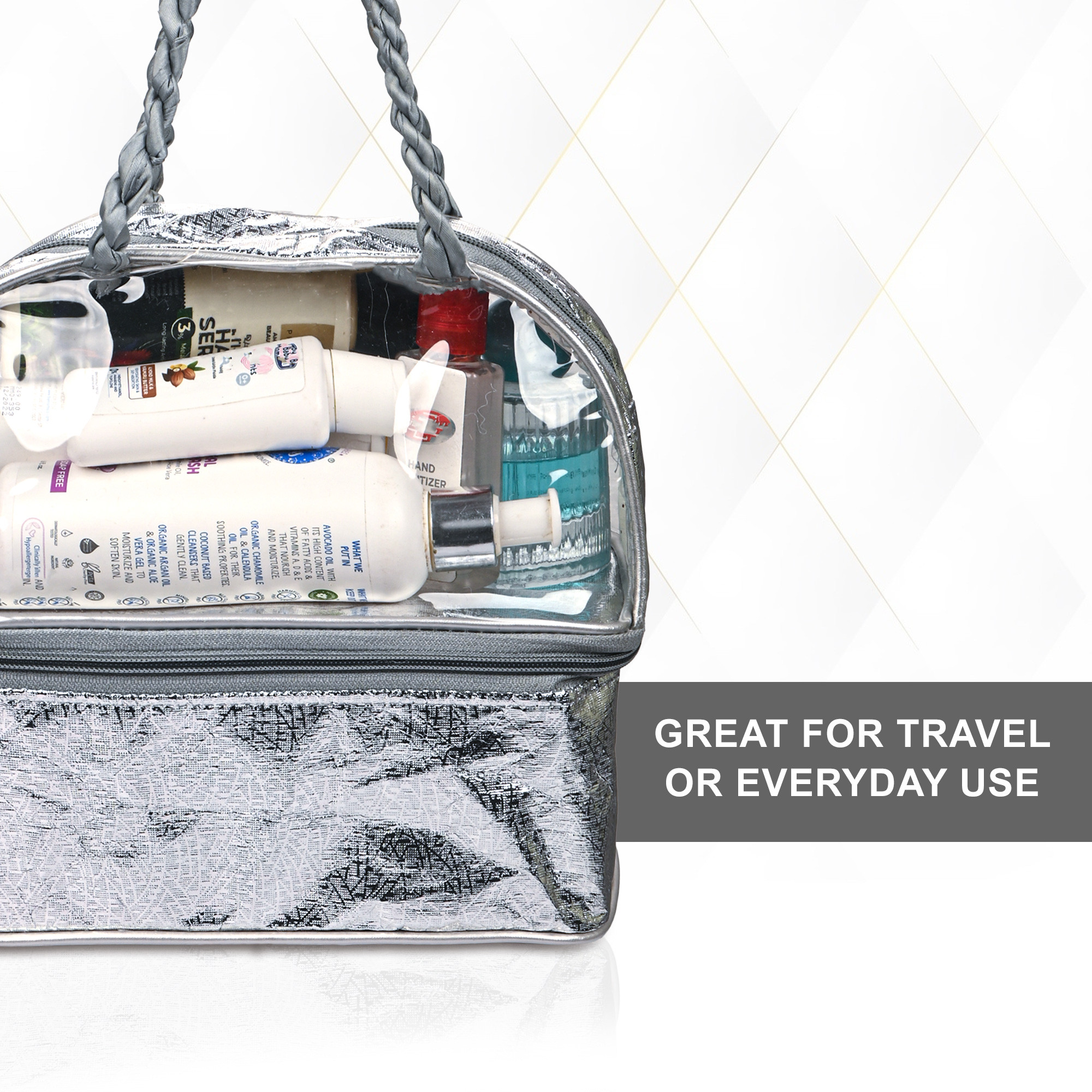 Kuber Industries PVC Waterproof Makeup Kit Organizer for Women with Handle  Multipurpose Cosmetic  Toiletry Kit - Ideal for Travel Bathroom and Daily Use  Choti Design - Silver