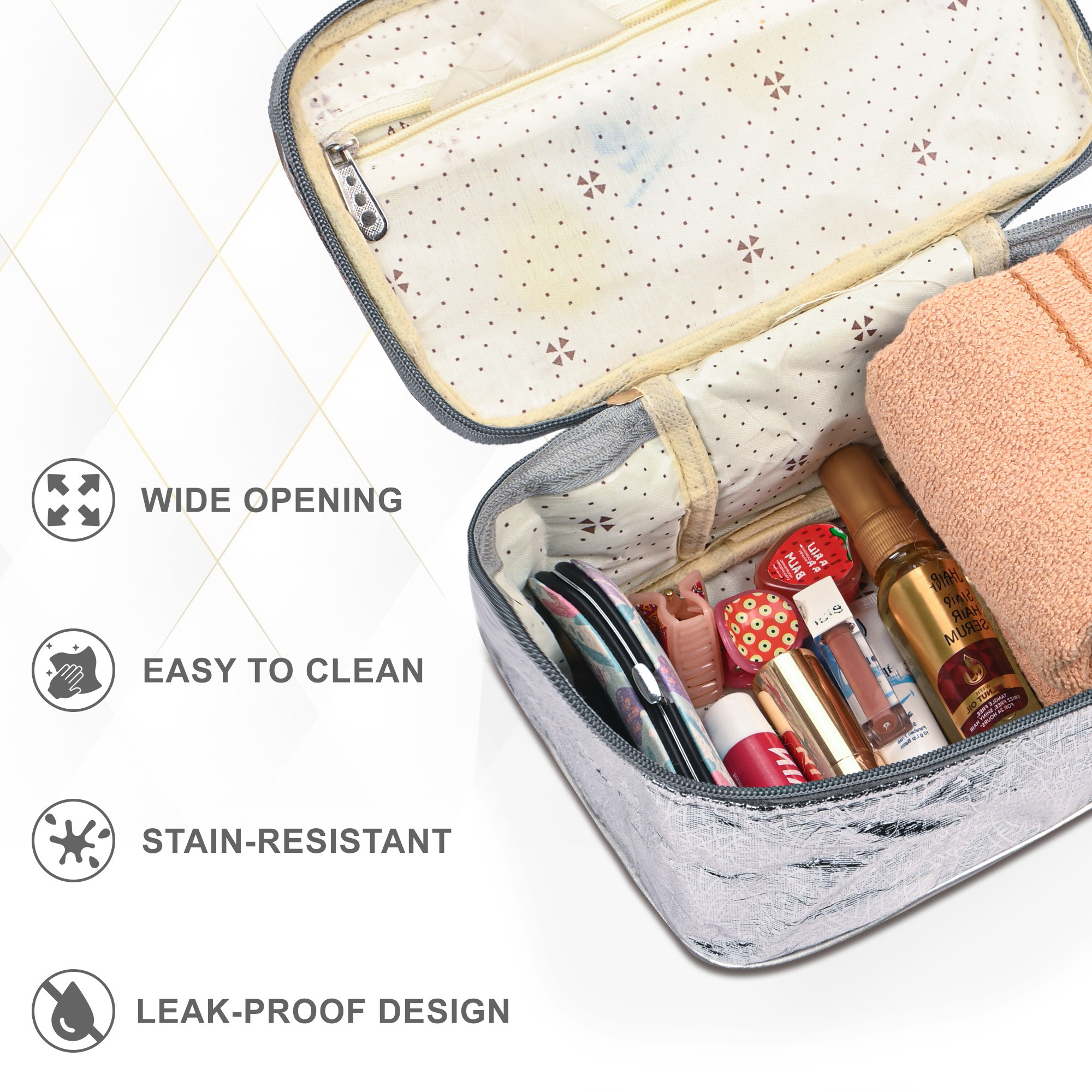 Kuber Industries PVC Waterproof Makeup Kit Organizer for Women with Handle  Multipurpose Cosmetic  Toiletry Kit - Ideal for Travel Bathroom and Daily Use  Choti Design - Silver