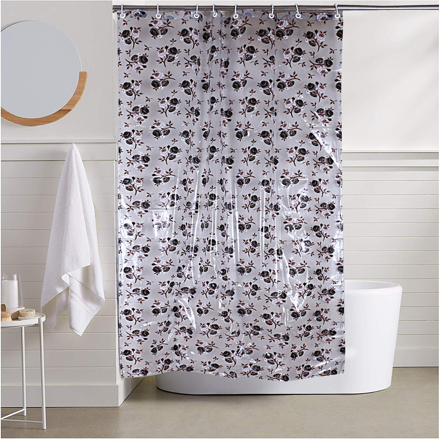 Kuber Industries PVC Waterproof Rose Print Shower Curtain For Bathroom With 8 Ring,7 Feet (Brown)