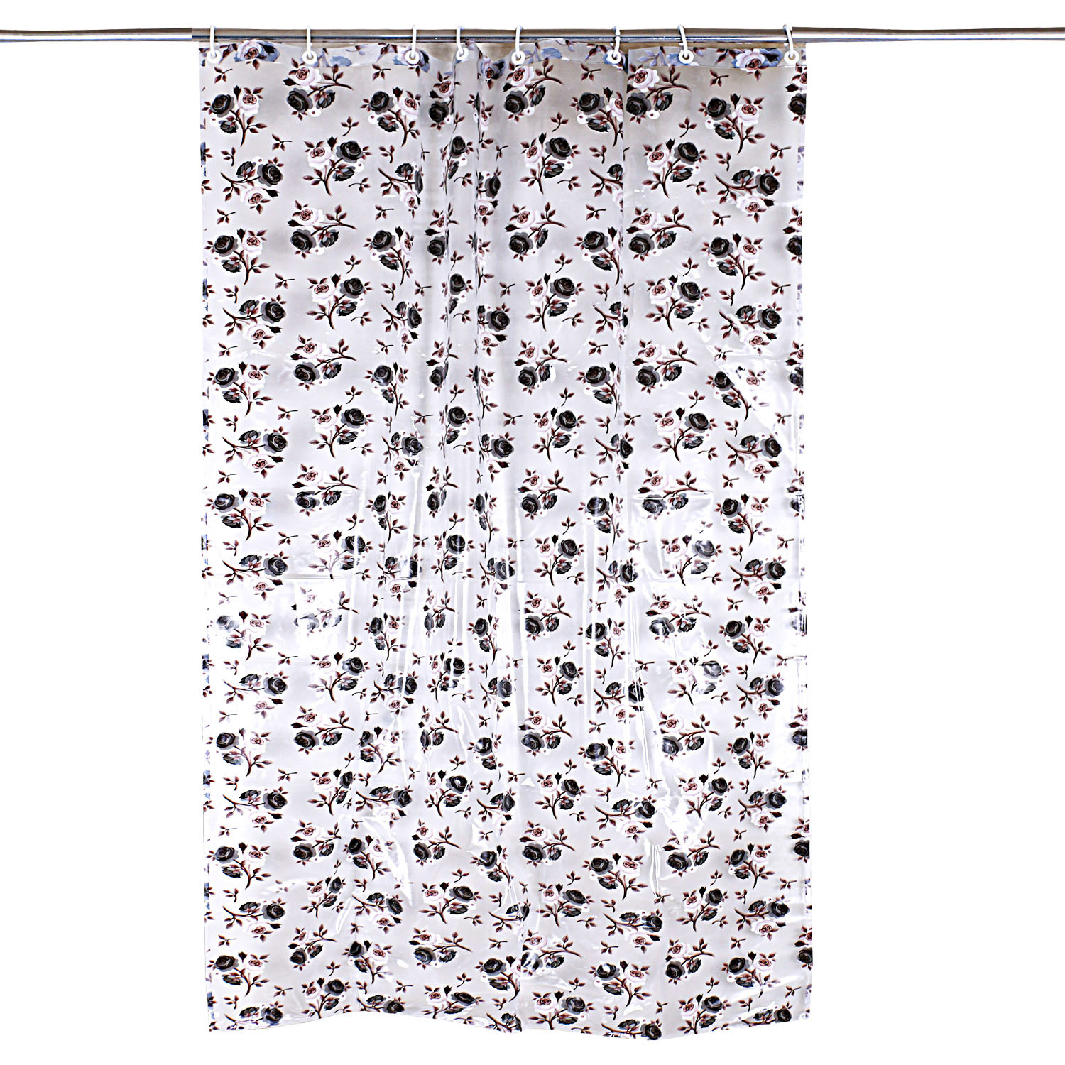 Kuber Industries PVC Waterproof Rose Print Shower Curtain For Bathroom With 8 Ring,7 Feet (Brown)
