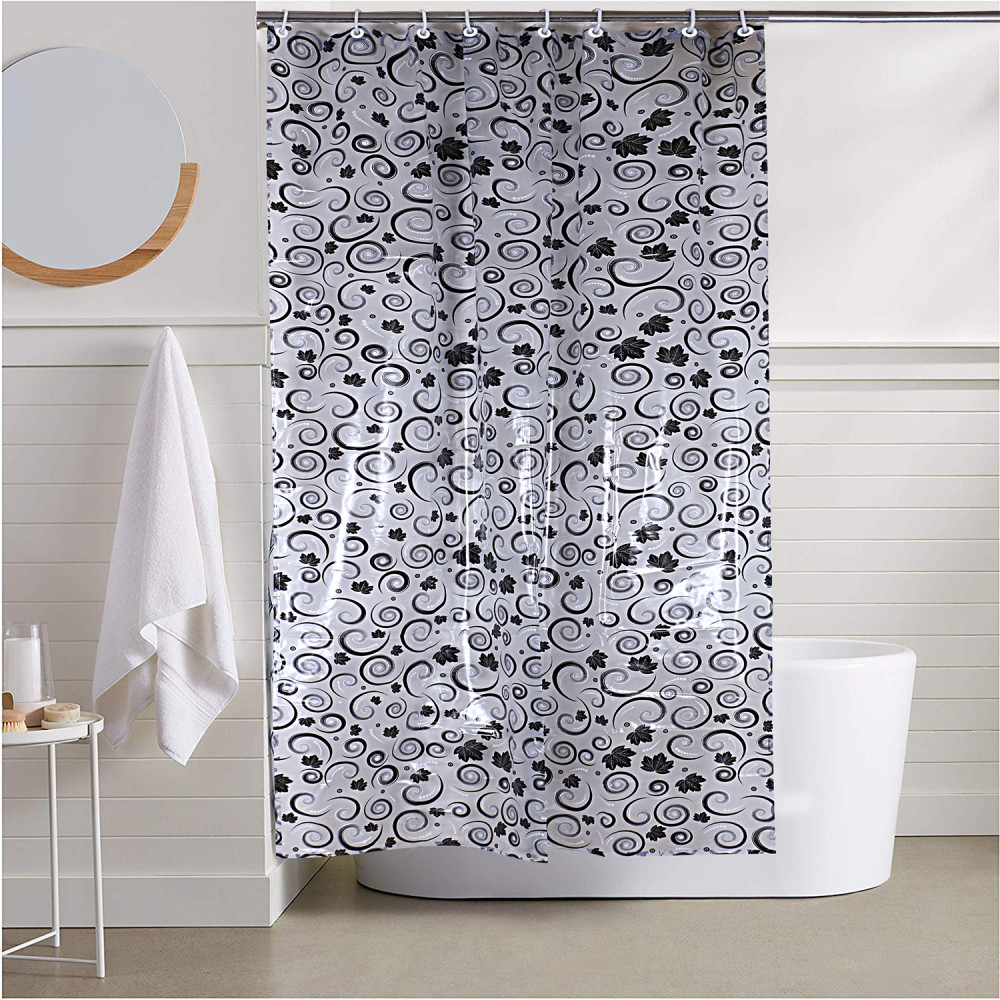 Kuber Industries PVC Waterproof Spiral Print Shower Curtain For Bathroom With 8 Ring,7 Feet (Black)