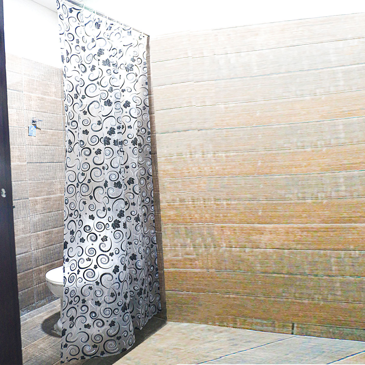 Kuber Industries PVC Waterproof Spiral Print Shower Curtain For Bathroom With 8 Ring,7 Feet (Black)