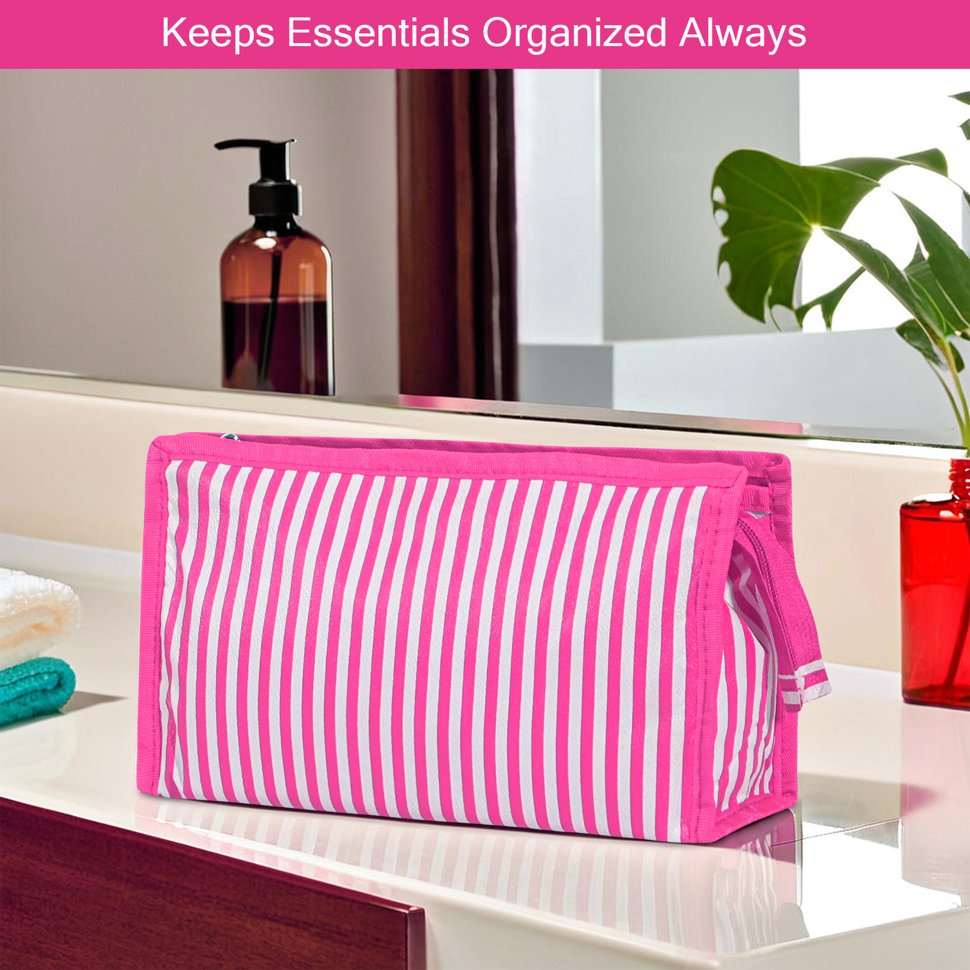 Kuber Industries PVC Waterproof Toiletry Kit Organizer for Women  Men With 3 Compartments  Multipurpose Cosmetic  Makeup Kit - Ideal for Bathroom  Lining Print - Pink