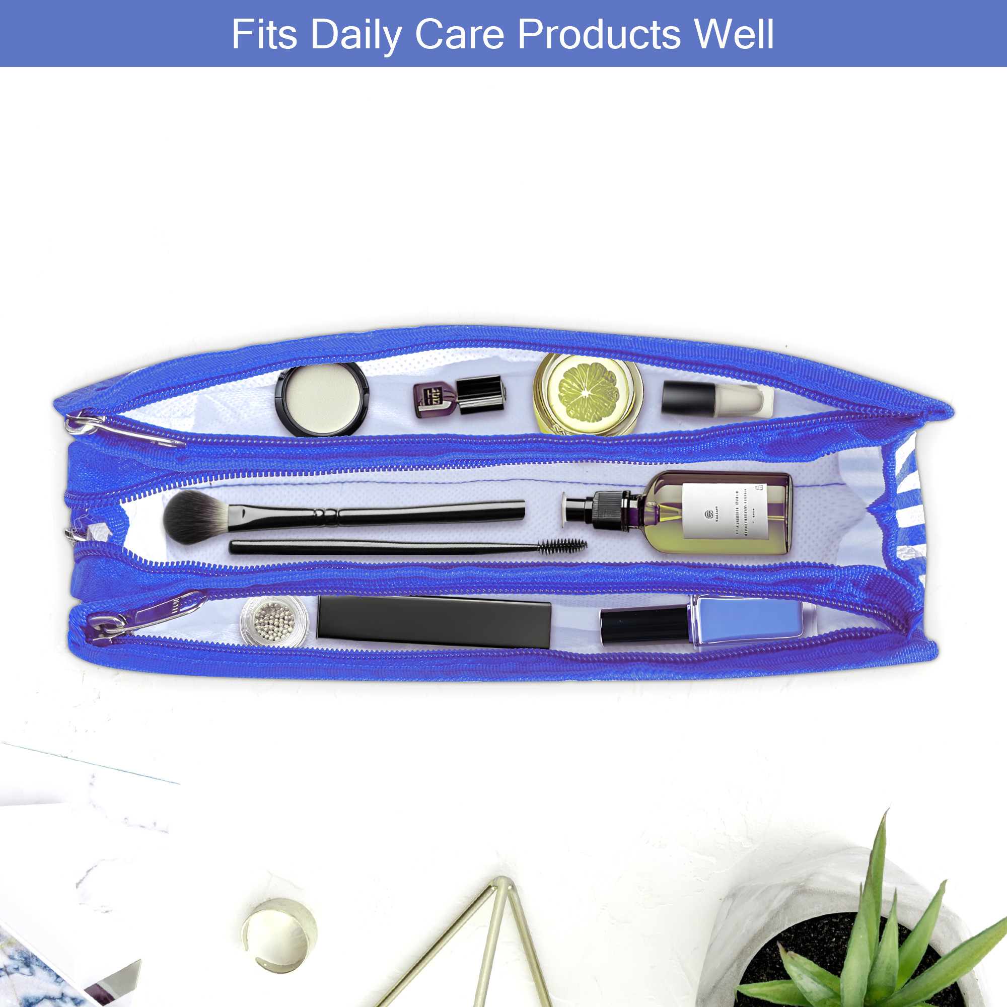 Kuber Industries PVC Waterproof Toiletry Kit Organizer for Women  Men With 3 Compartments  Multipurpose Cosmetic  Makeup Kit - Ideal for Bathroom  Lining Print - Blue