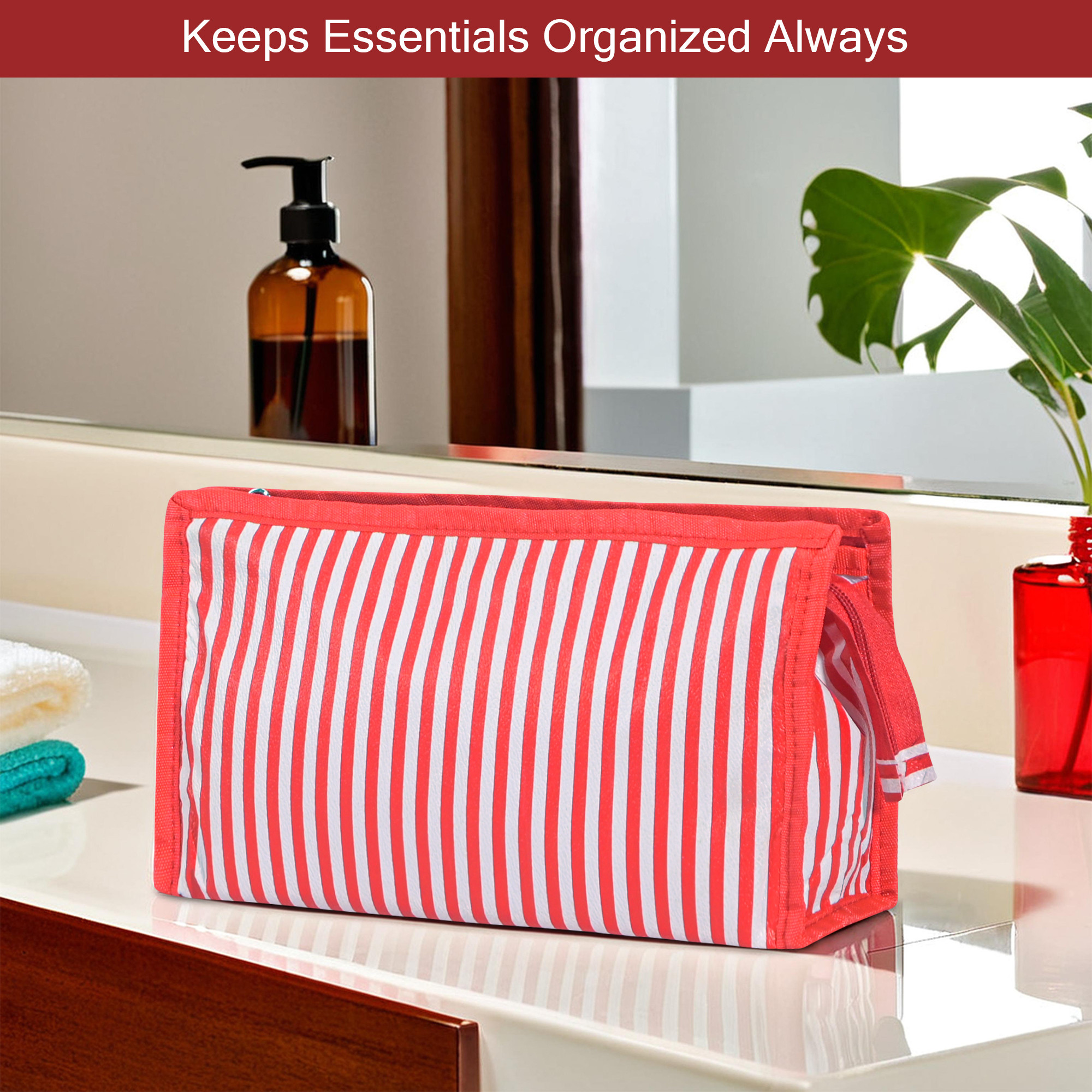 Kuber Industries PVC Waterproof Toiletry Kit Organizer for Women  Men With 3 Compartments  Multipurpose Cosmetic  Makeup Kit - Ideal for Bathroom  Lining Print - Red