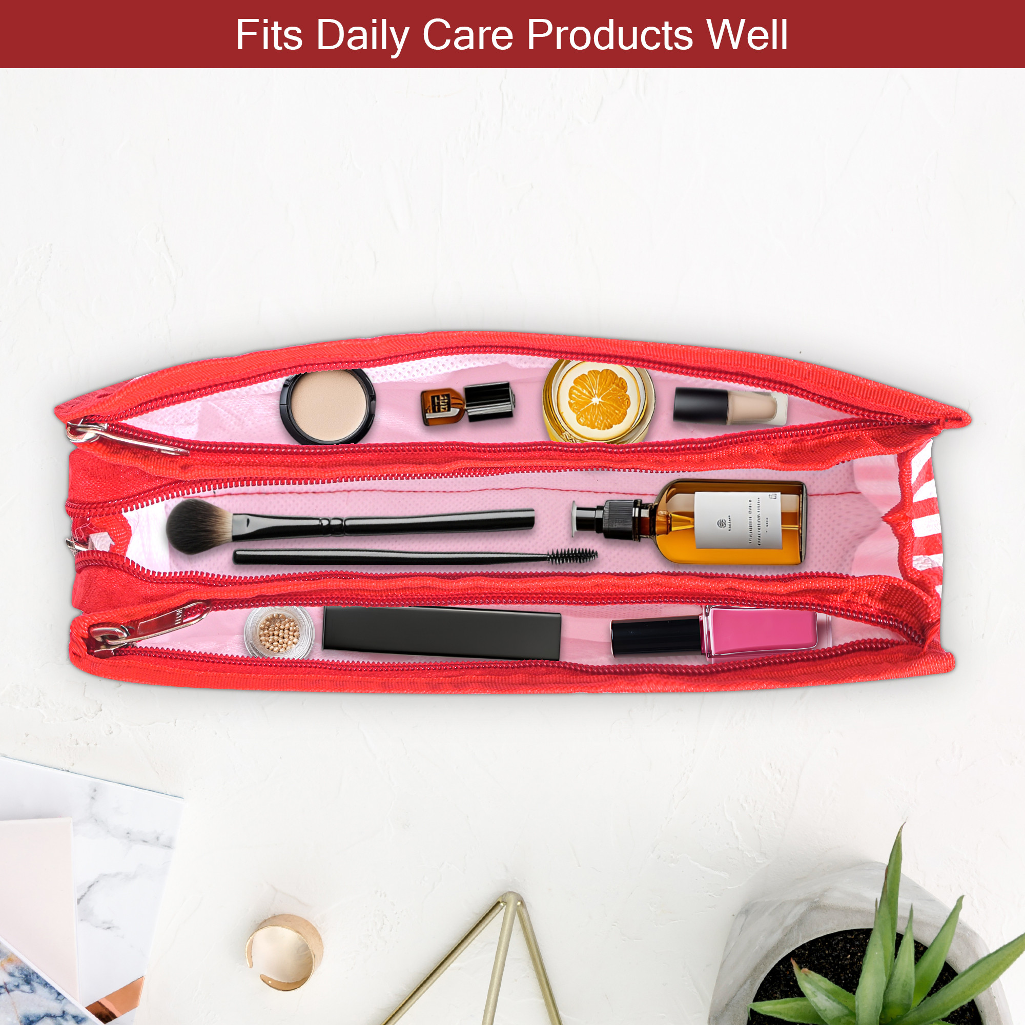 Kuber Industries PVC Waterproof Toiletry Kit Organizer for Women  Men With 3 Compartments  Multipurpose Cosmetic  Makeup Kit - Ideal for Bathroom  Lining Print - Red