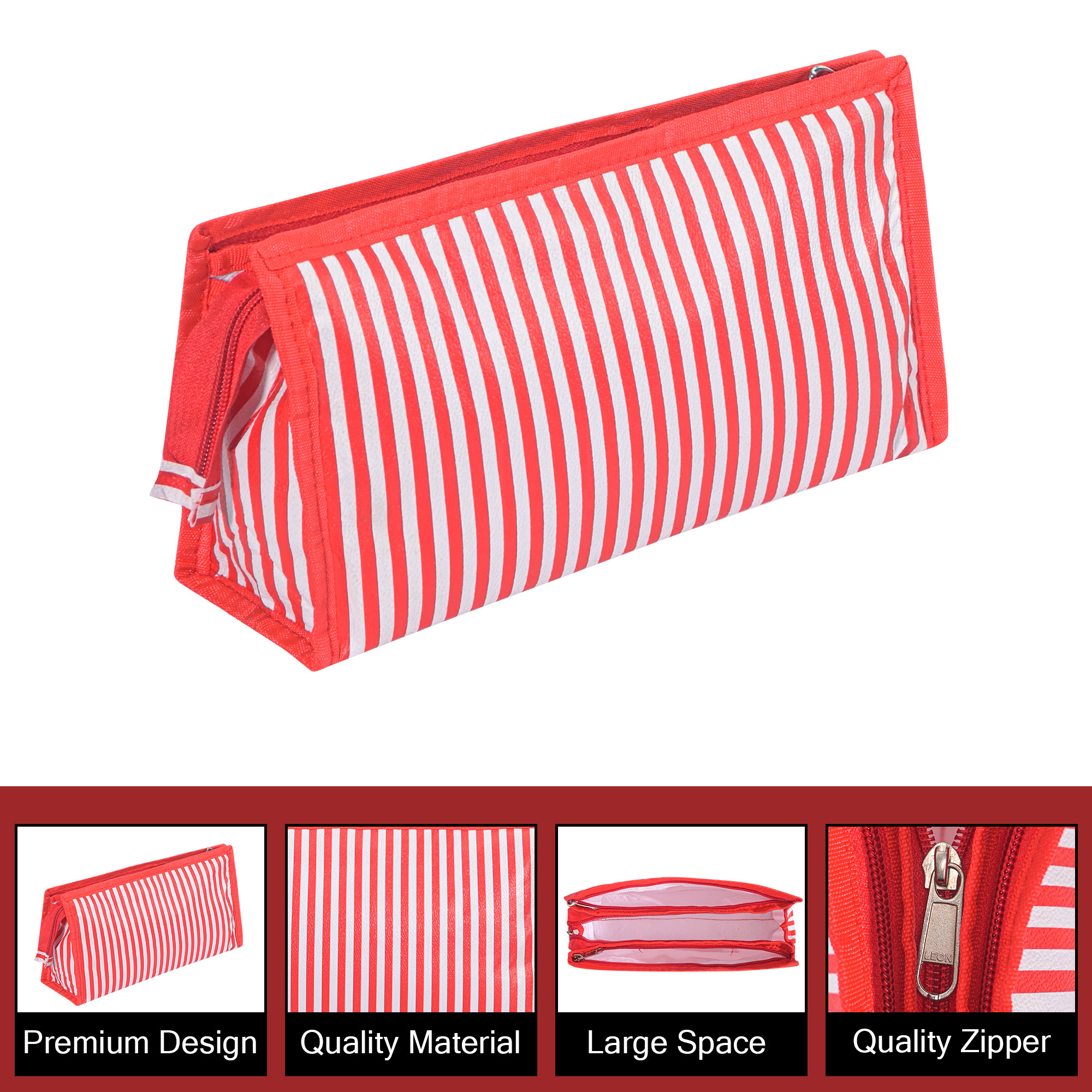 Kuber Industries PVC Waterproof Toiletry Kit Organizer for Women  Men With 3 Compartments  Multipurpose Cosmetic  Makeup Kit - Ideal for Bathroom  Lining Print - Red