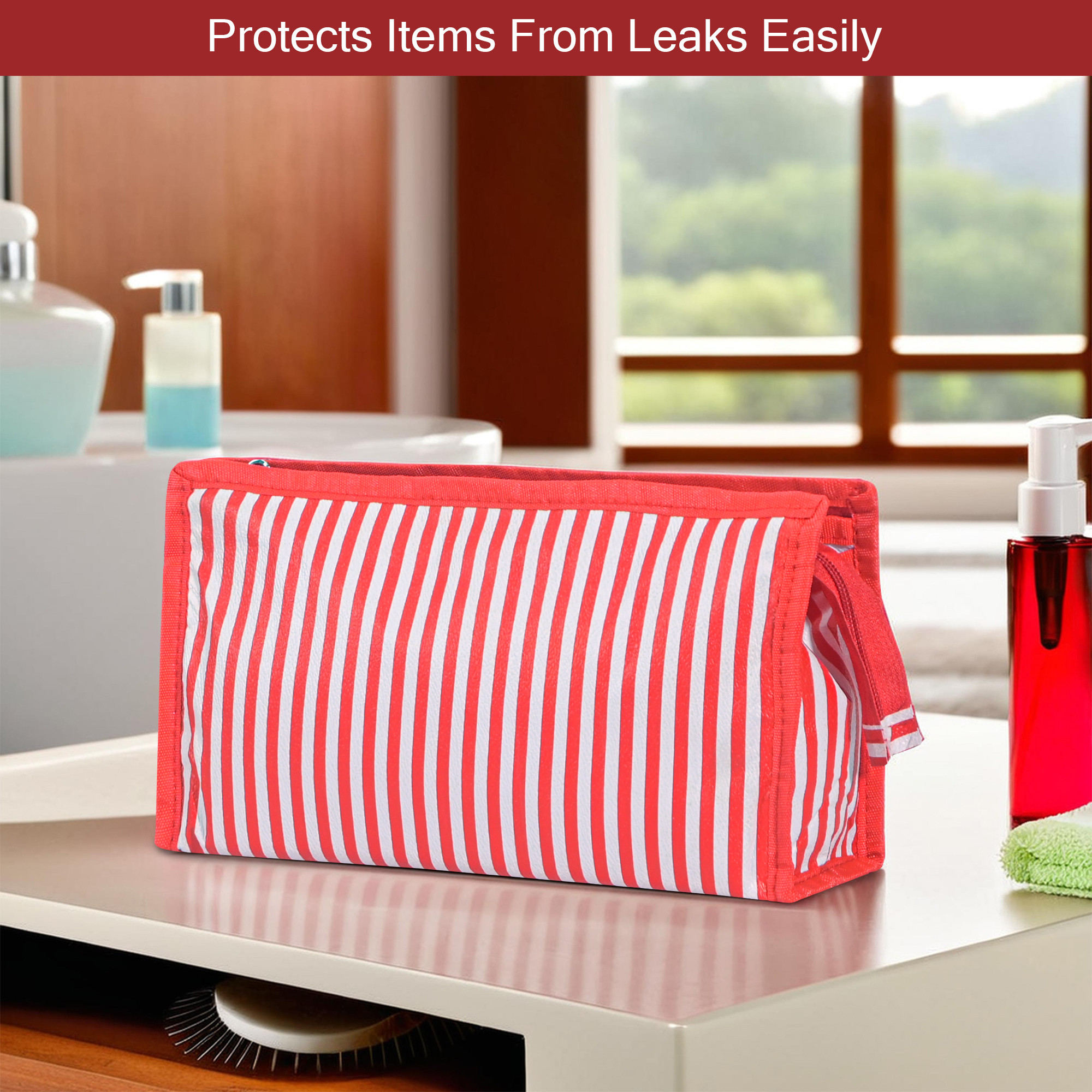 Kuber Industries PVC Waterproof Toiletry Kit Organizer for Women  Men With 3 Compartments  Multipurpose Cosmetic  Makeup Kit - Ideal for Bathroom  Lining Print - Red