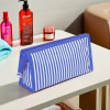 PVC Waterproof Toiletry Kit Organizer for Women & Men With 3 Compartments | Multipurpose Cosmetic / Makeup Kit - Ideal for Bathroom | Lining Print - Blue