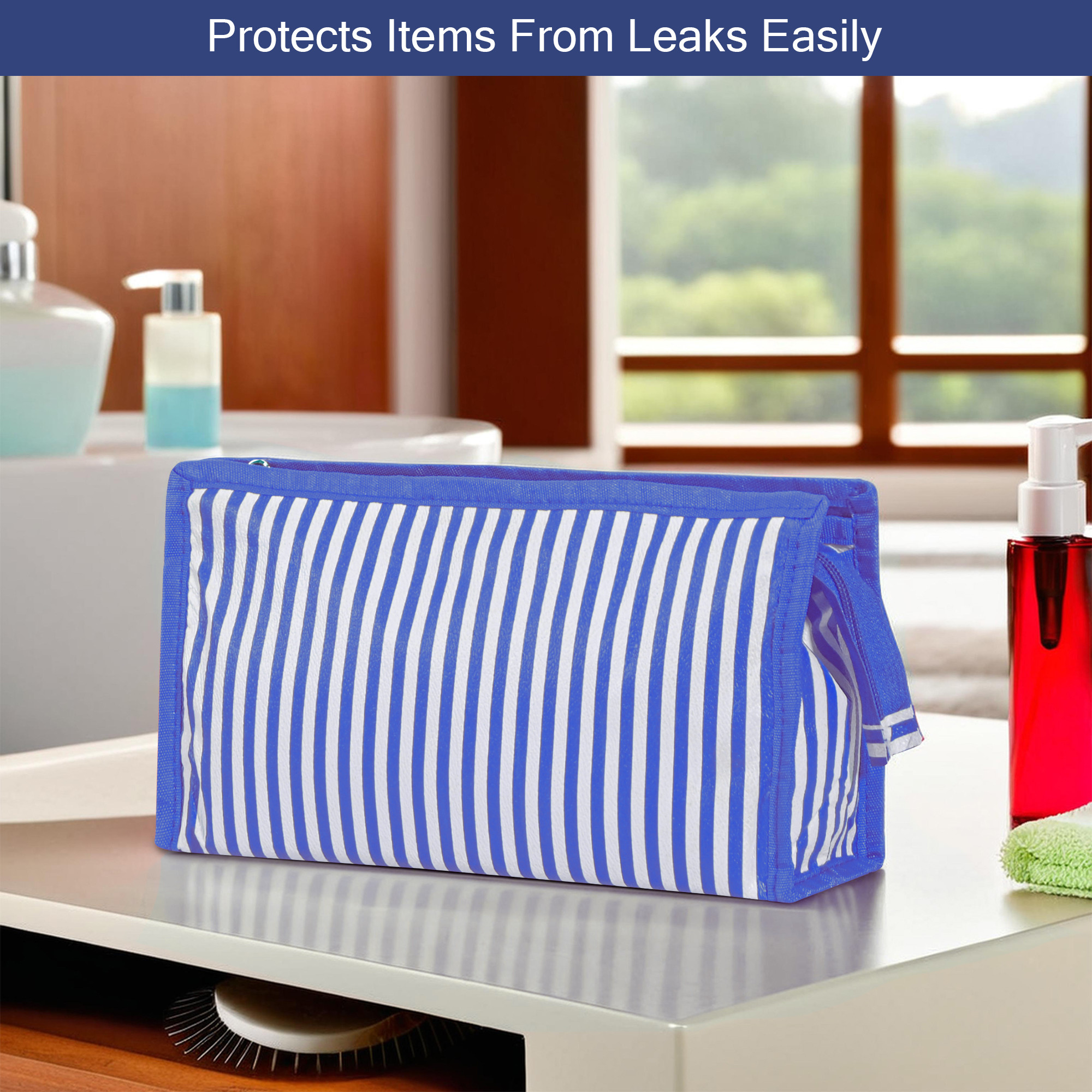 Kuber Industries PVC Waterproof Toiletry Kit Organizer for Women  Men With 3 Compartments  Multipurpose Cosmetic  Makeup Kit - Ideal for Bathroom  Lining Print - Blue
