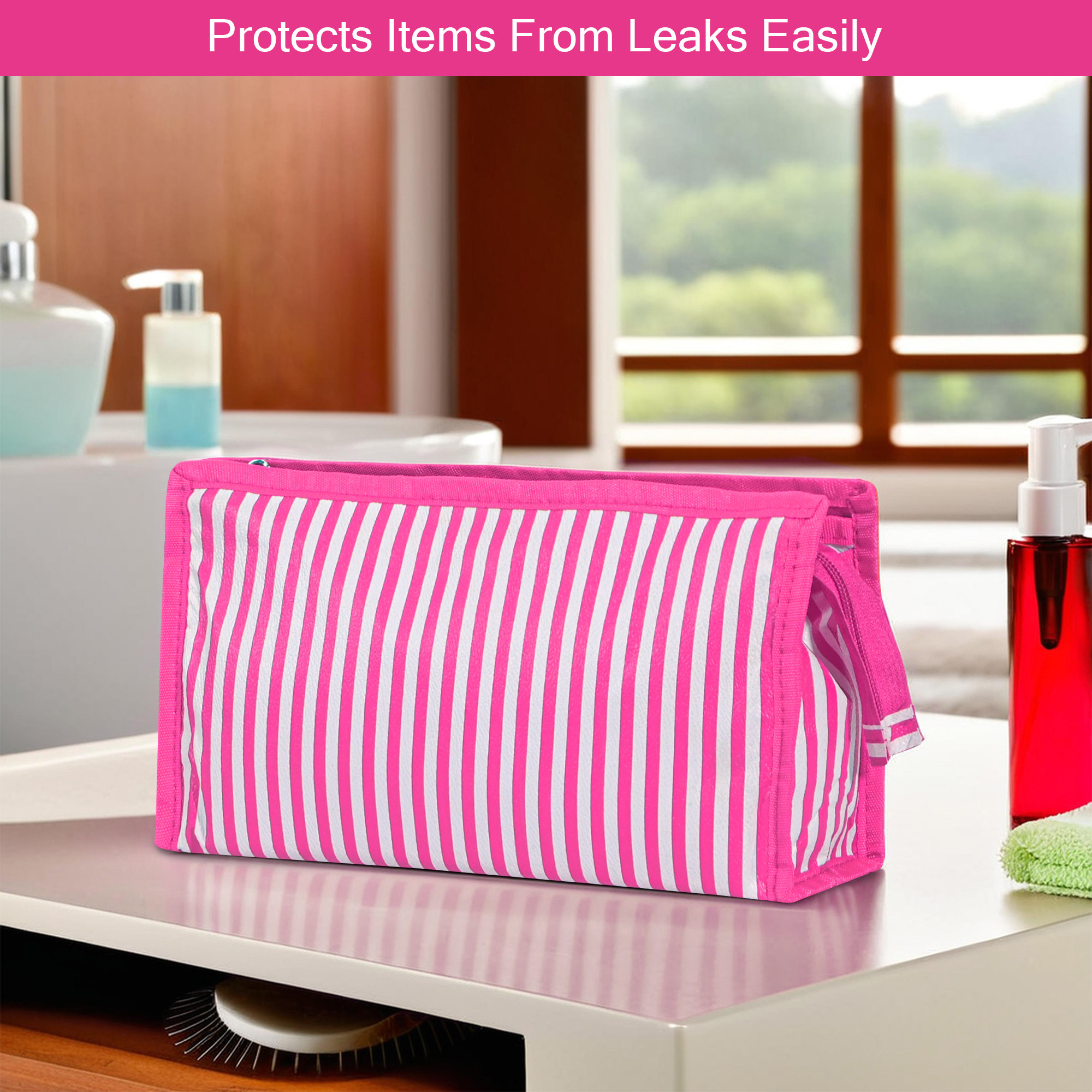 Kuber Industries PVC Waterproof Toiletry Kit Organizer for Women  Men With 3 Compartments  Multipurpose Cosmetic  Makeup Kit - Ideal for Bathroom  Lining Print - Pink