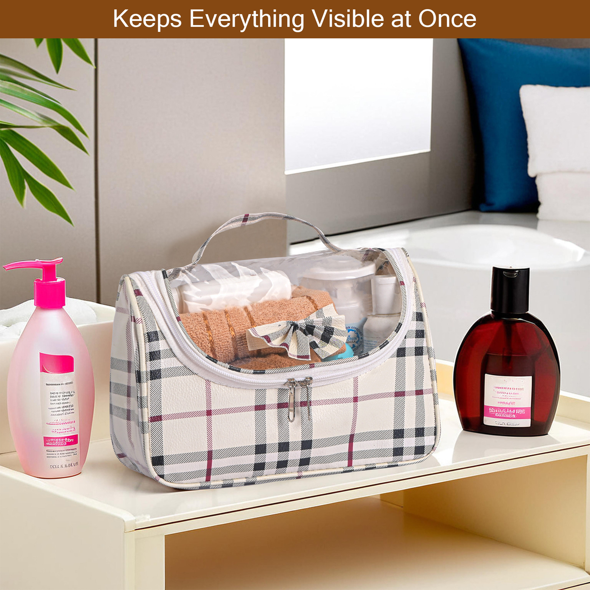 Kuber Industries PVC Waterproof Toiletry Kit Organizer for Women with Handle  Multipurpose Cosmetic  Makeup Kit - Ideal for Travel Bathroom  Daily Use  Bow Check Design - Cream