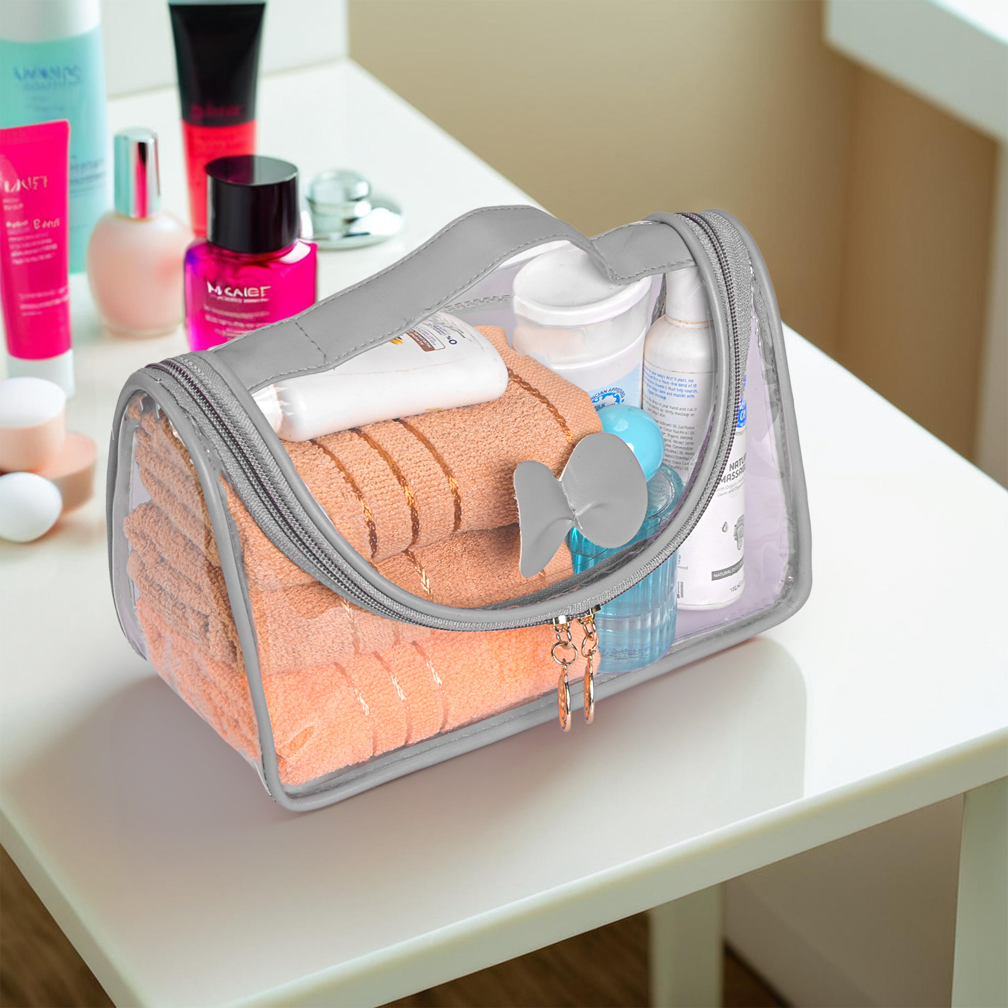 Kuber Industries PVC Waterproof Toiletry Kit Organizer for Women with Handle  Multipurpose Cosmetic  Makeup Kit - Ideal for Travel Bathroom  Daily Use  Bow Design - Grey